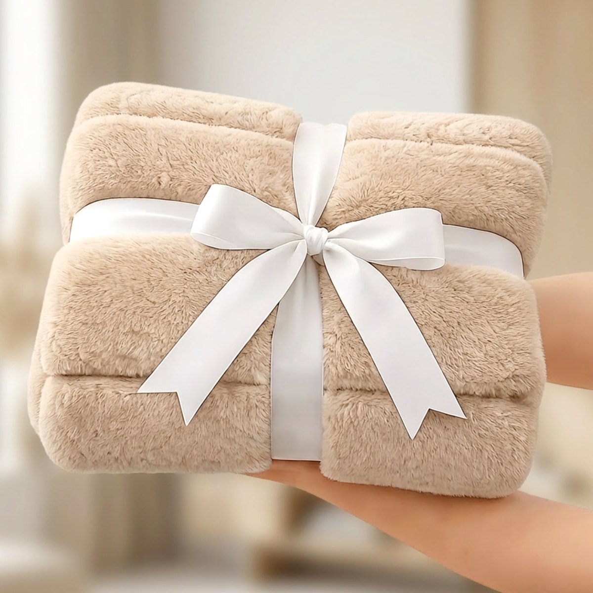 Cozy Bliss faux fur throw blanket wrapped as a gift-ready bundle in warm khaki tones #color_Khaki