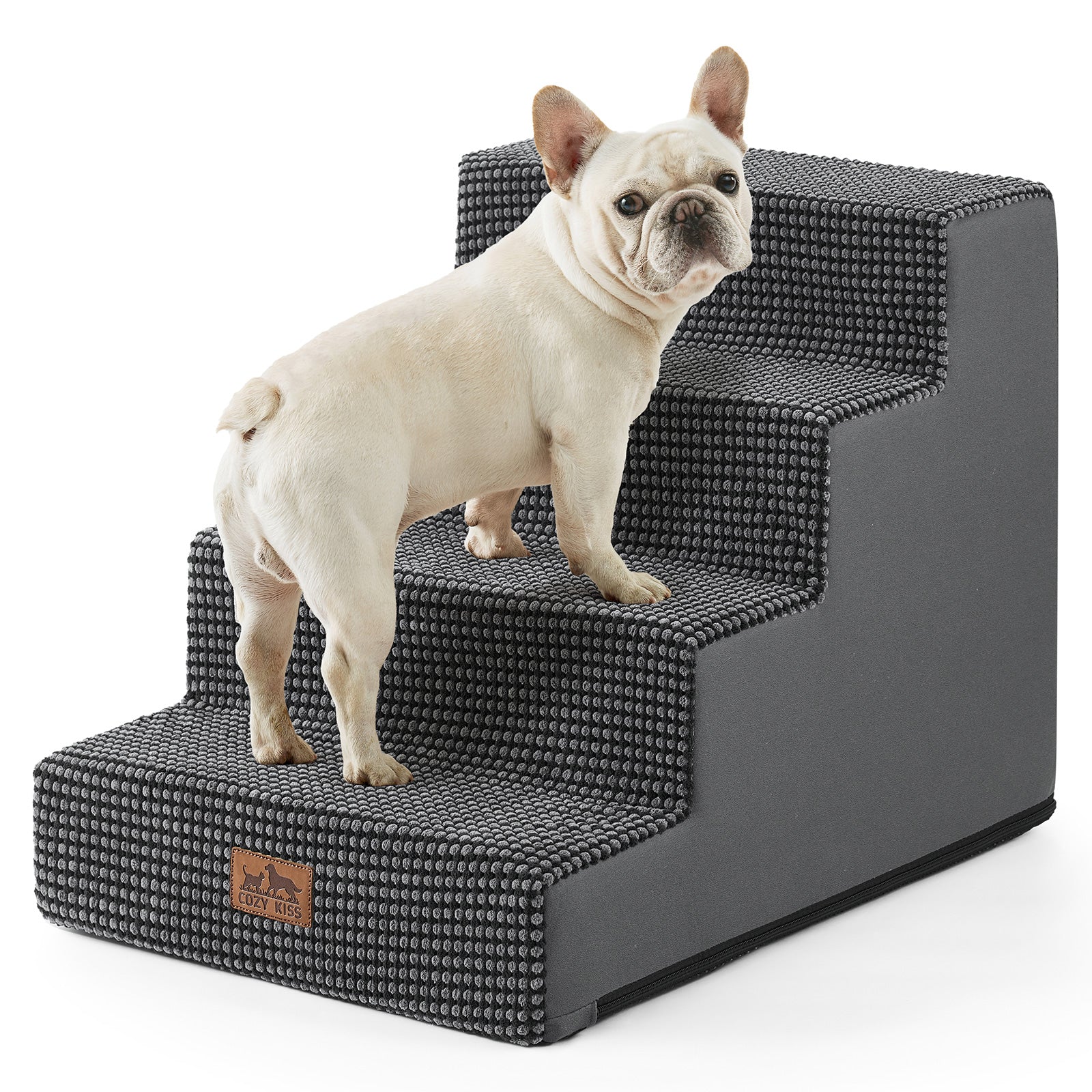 Cozy Bliss 4 Step Right-Angle Arthritis Prevention Foam Pet Stairs in grey with a dog stepping on it. #color_Grey