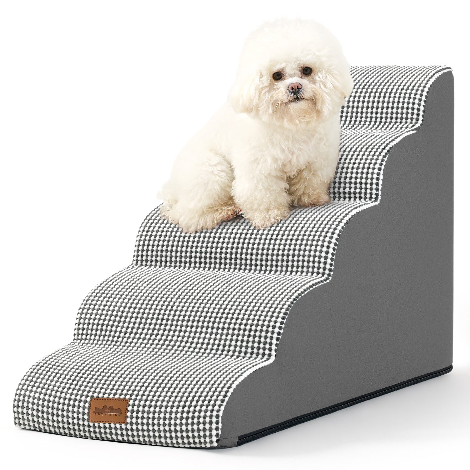 Dog sitting on a set of pet stairs with a checkered pattern#color_Black White