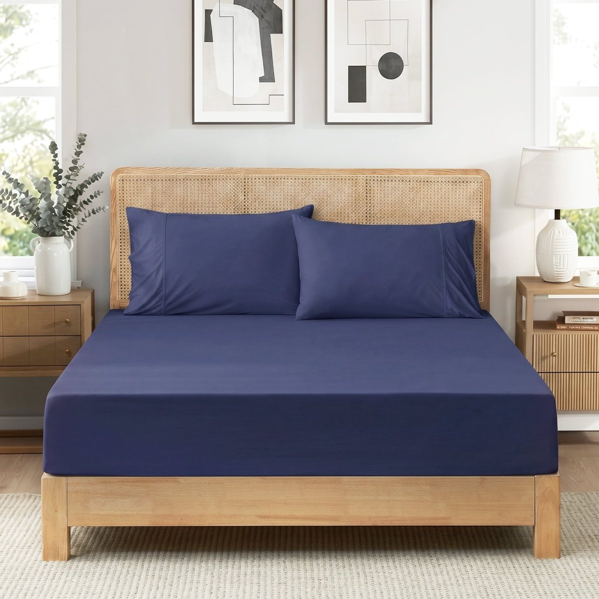 Navy Blue Cozy Bliss sheet set in front view.#color_Navy Blue