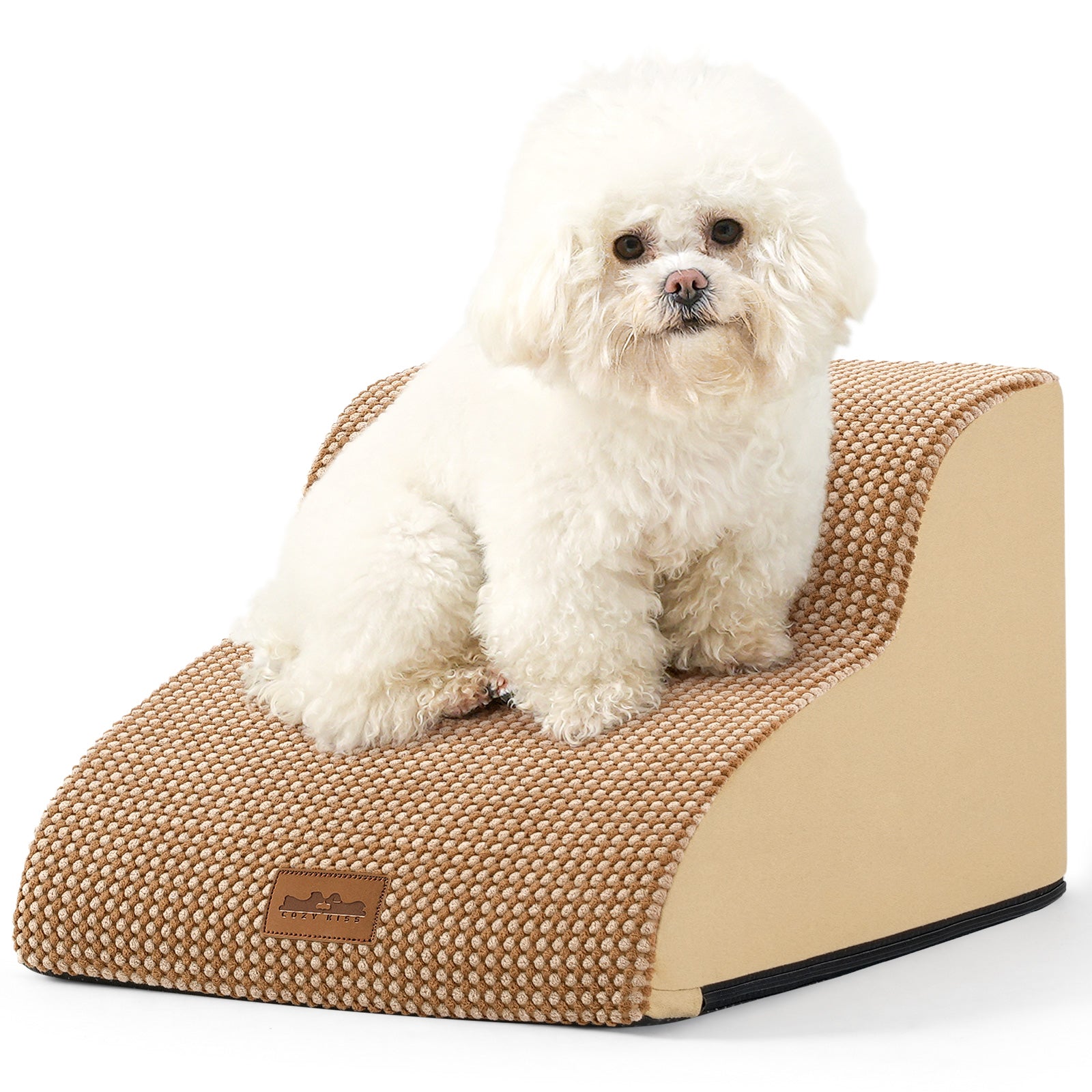 Small white dog sitting on a pet ramp with a white background#color_Light Brown