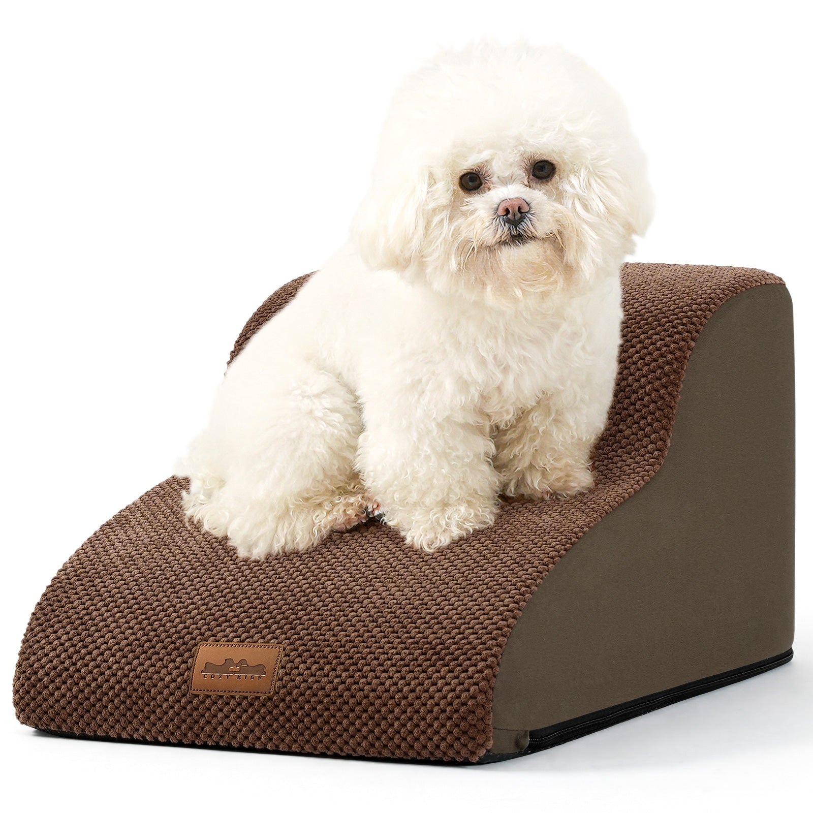 White dog sitting on a brown pet stair with a white background#color_Brown