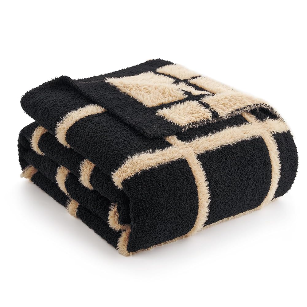 Faux Mink Textured Plaid Knit Throw Blanket