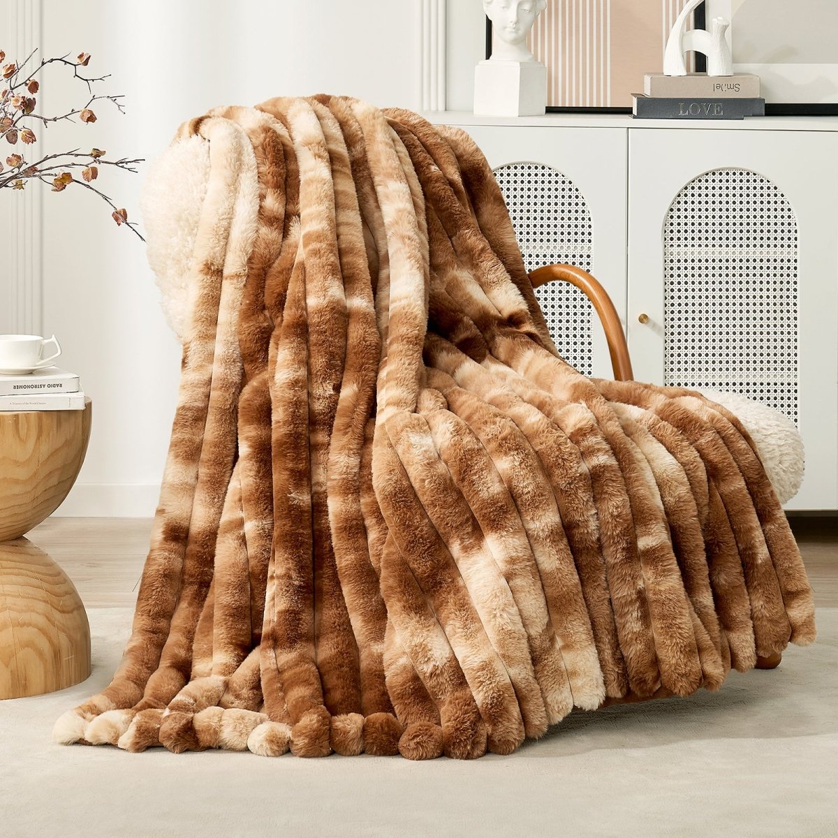 Cozy Bliss Ultra Chunky Striped Faux Fur Throw Blanket in tie-dye brown front view. #color_Tie-dye Brown