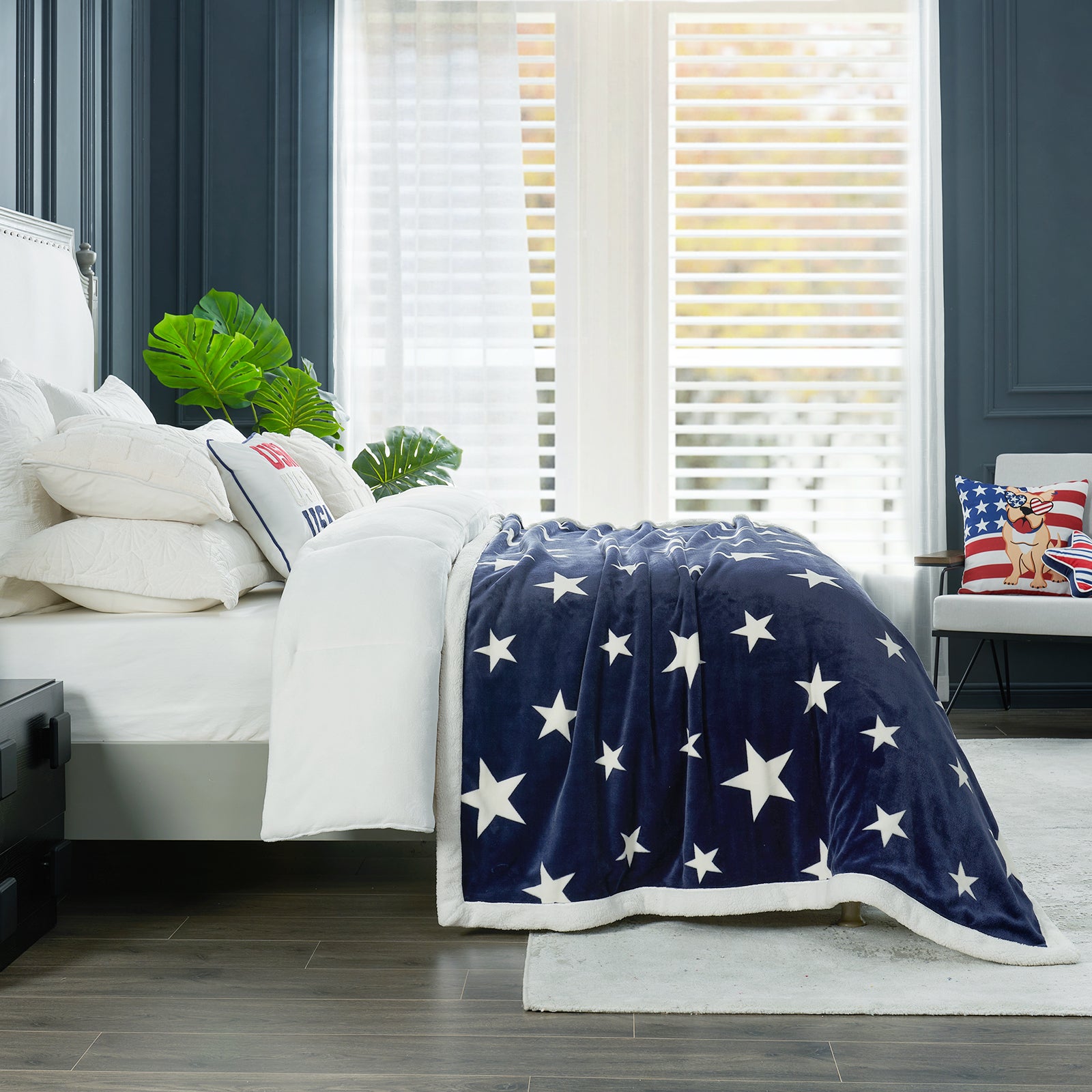 Reversible Sherpa Navy Blue Star Throw Blanket