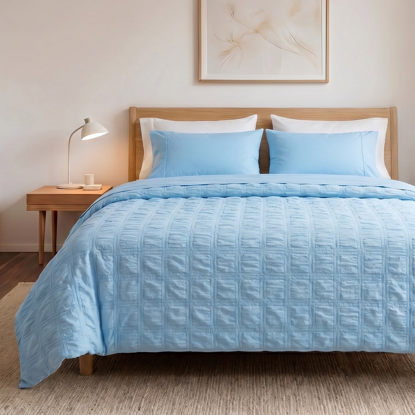 Cozy Bliss seersucker cooling comforter in front view.#color_Sky Blue