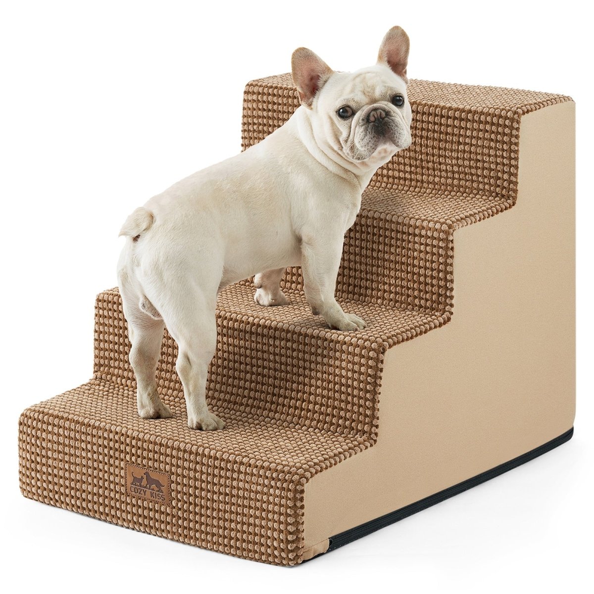 Cozy Bliss 4 Step Right-Angle Arthritis Prevention Foam Pet Stairs in light brown with a dog stepping on it. #color_Light Brown