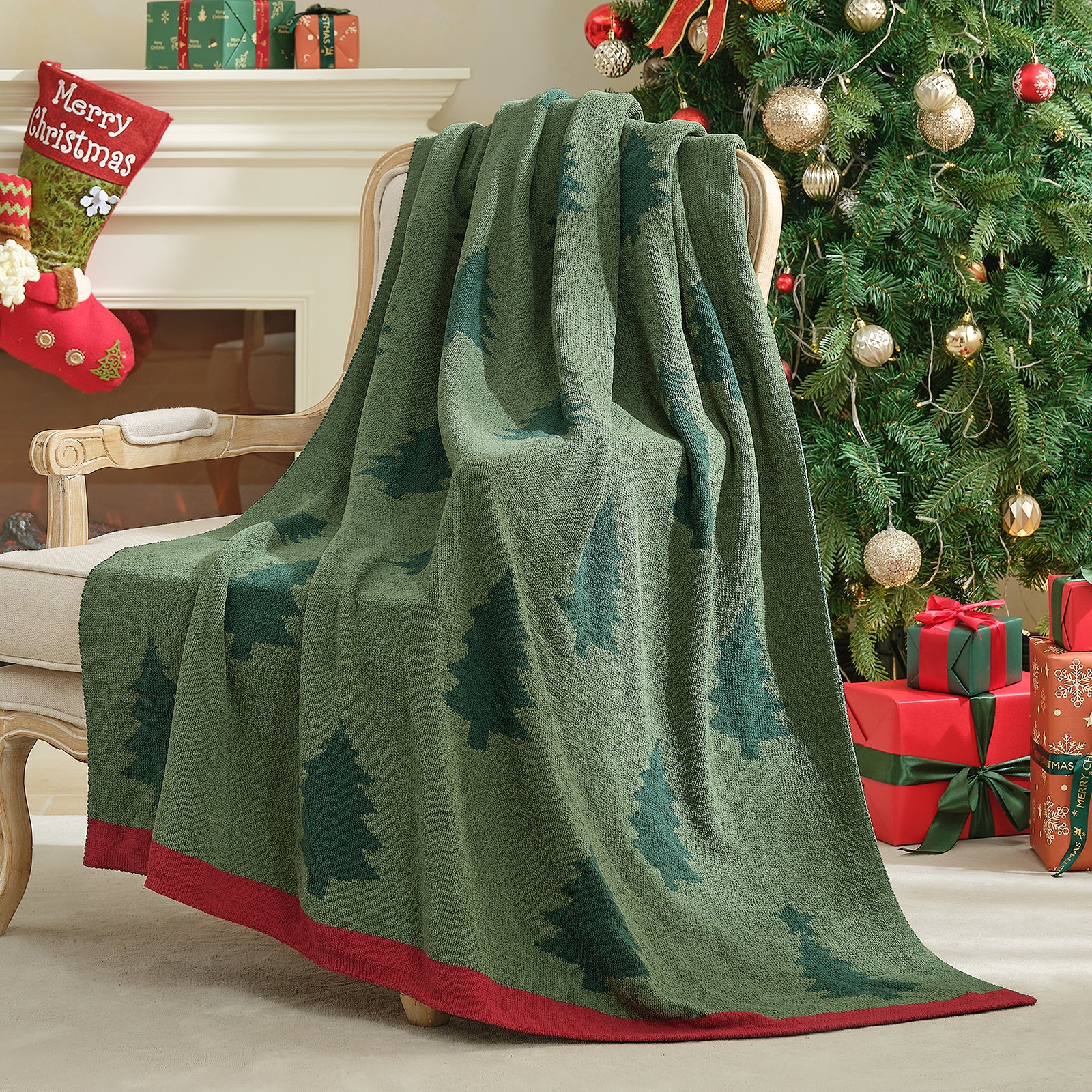 Green blanket with tree pattern draped over a chair in a festive room with Christmas tree and presents. #color_Christmas Tree