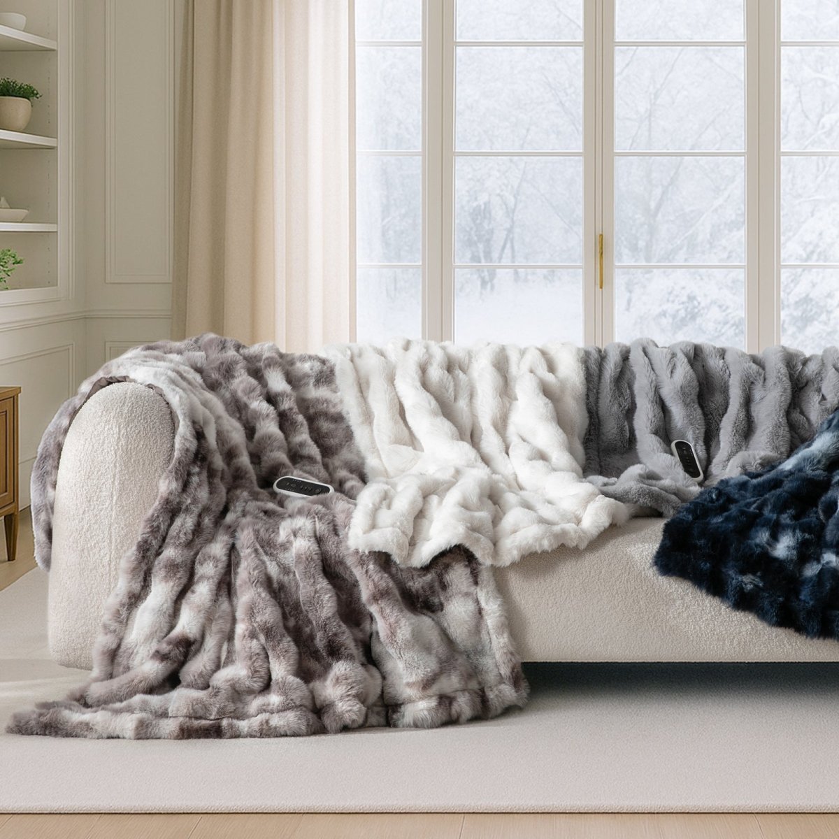 Four plush blankets in gray, white, and blue draped over a sofa in a living room.