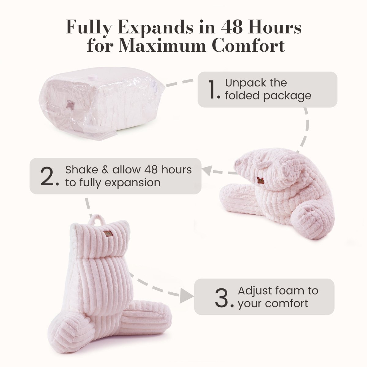 Cozy Bliss reading pillow expands fully within 48 hours for customized comfort and support #color_Light Pink