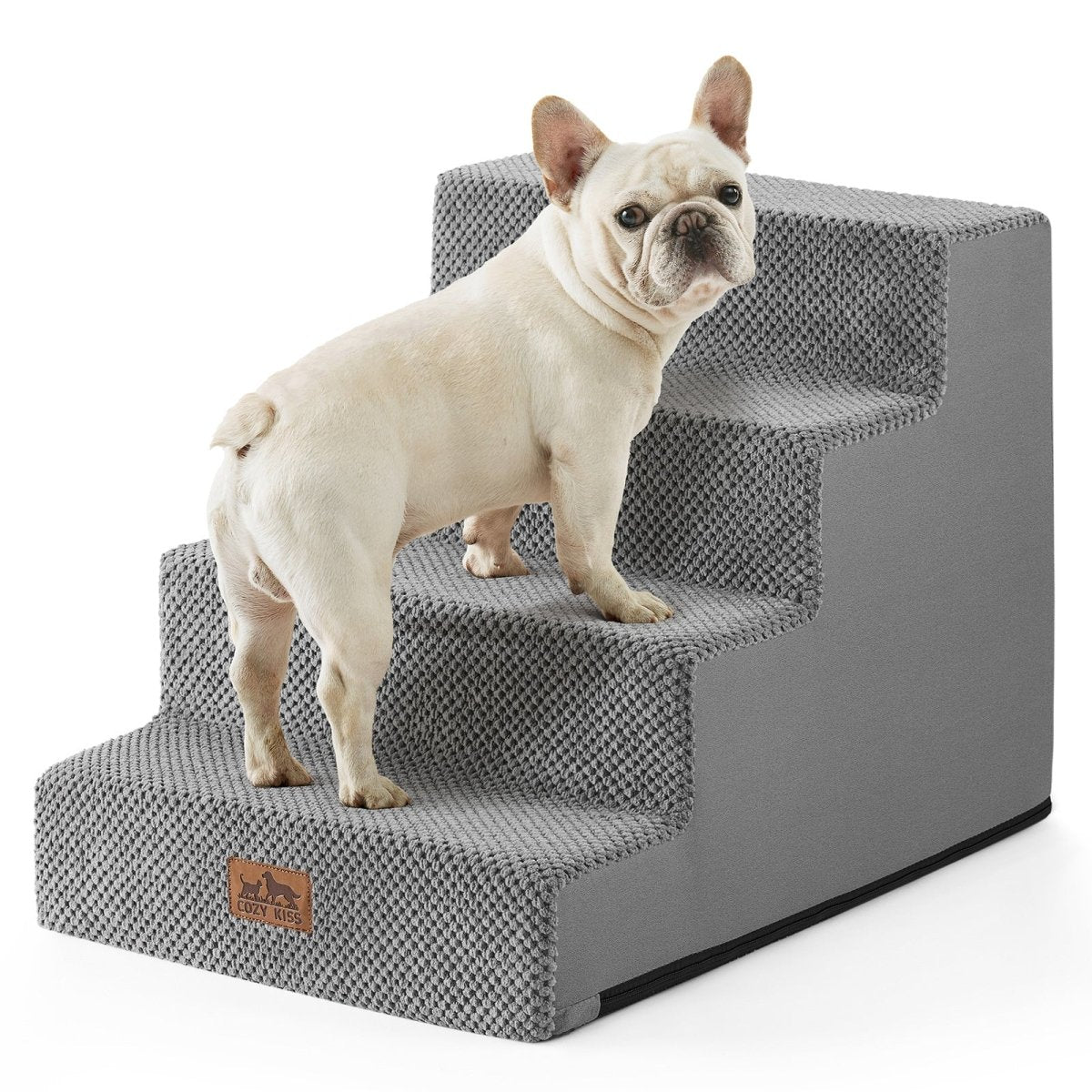 Cozy Bliss 4 Step Right-Angle Arthritis Prevention Foam Pet Stairs in light grey with a dog stepping on it. #color_Light Grey
