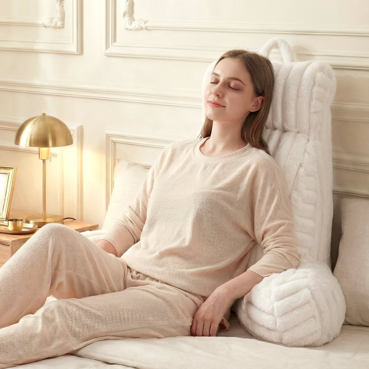 Woman lying on a bed with a Cozy Bliss reading pillow #color_Ivory