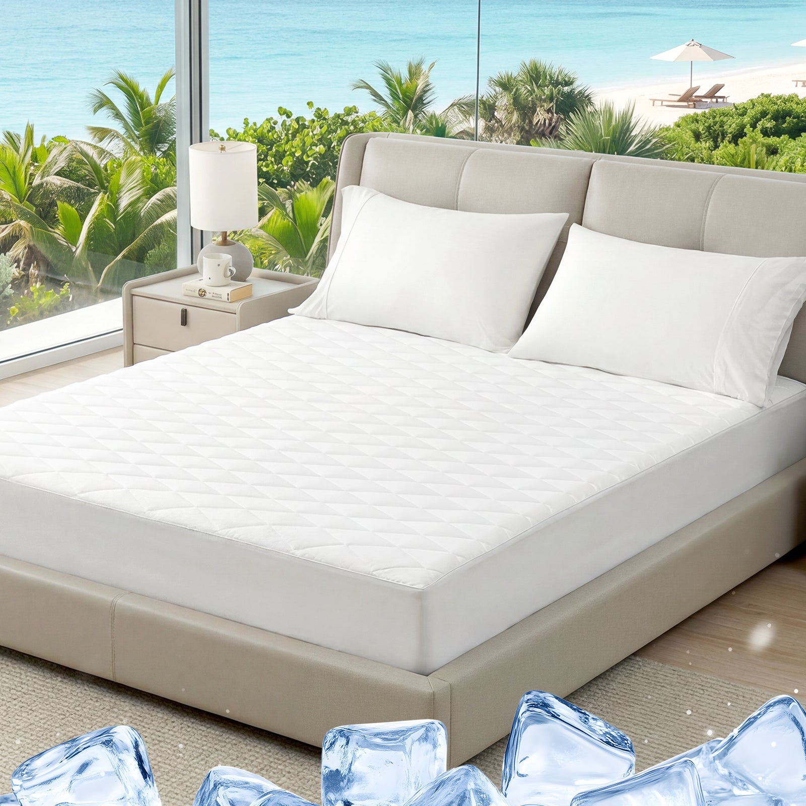 Bed with white mattress cover and pillows in a room with a view of greenery. #color_white