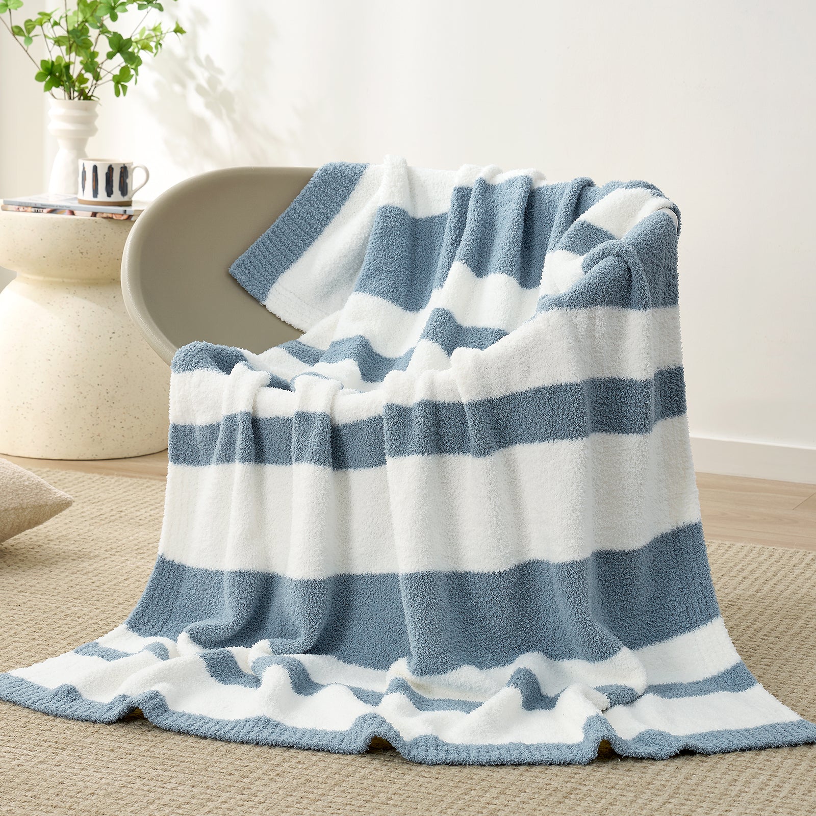 Reversible Blue Striped Feather Yarn Knit Throw Blanket