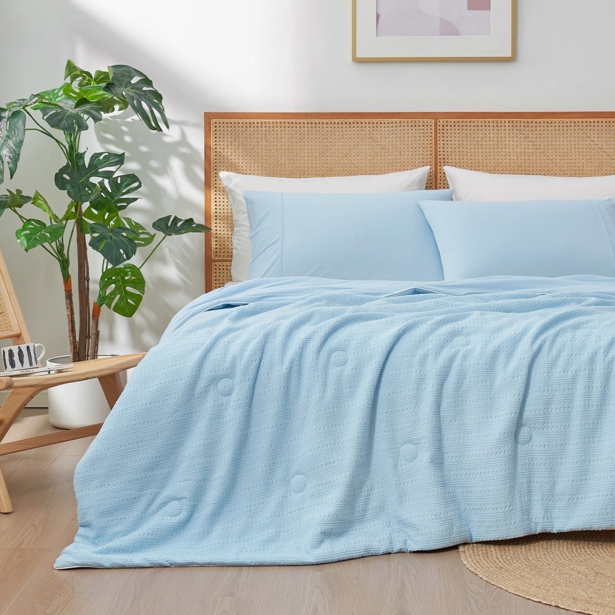 Blue Sorona® Natural Fiber Waffle Cooling Comforter front view.#color_Sky Blue