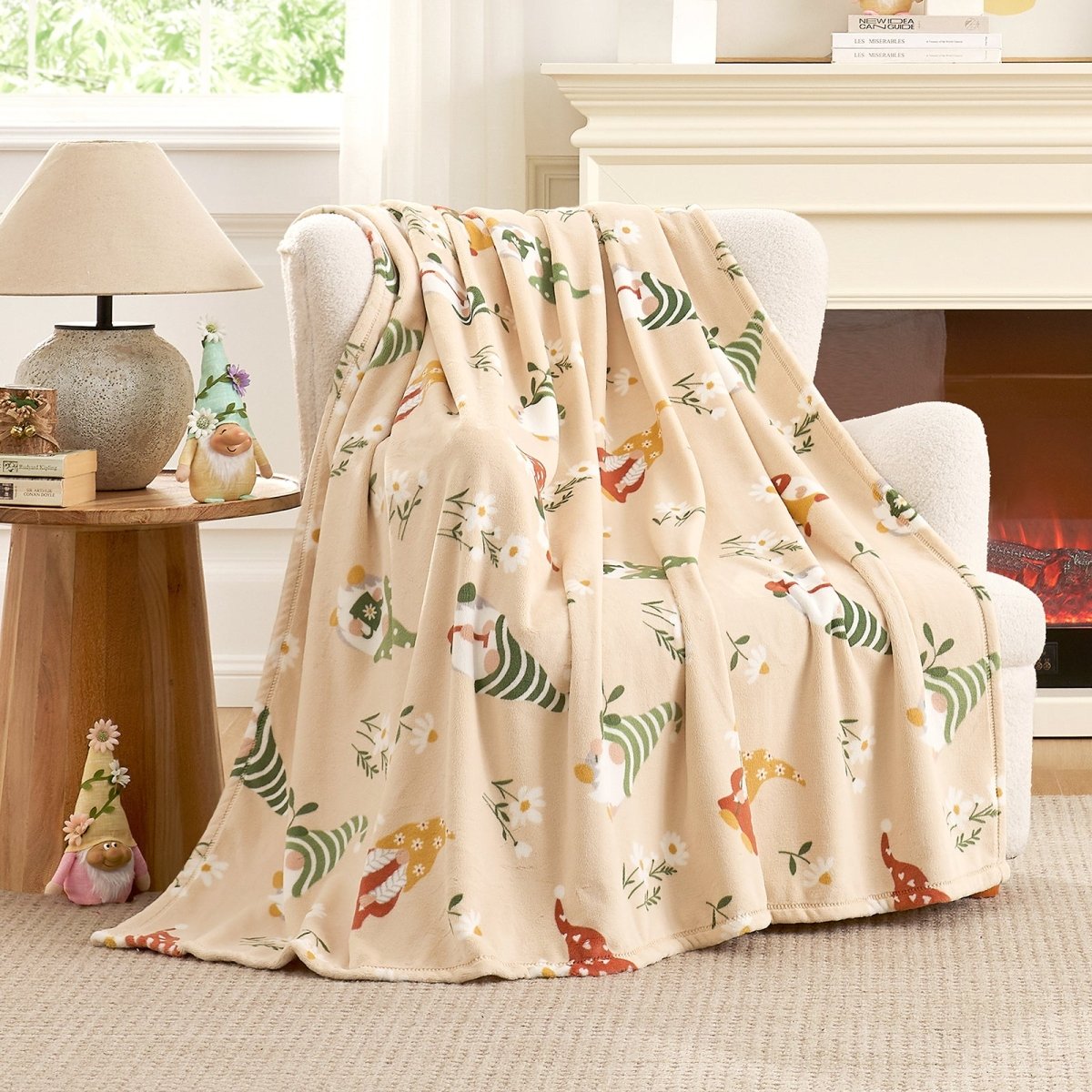 Spring gnomes milkyplush throw blanket in Beige draped over a chair, creating a soft and cozy spring atmosphere #color_Beige