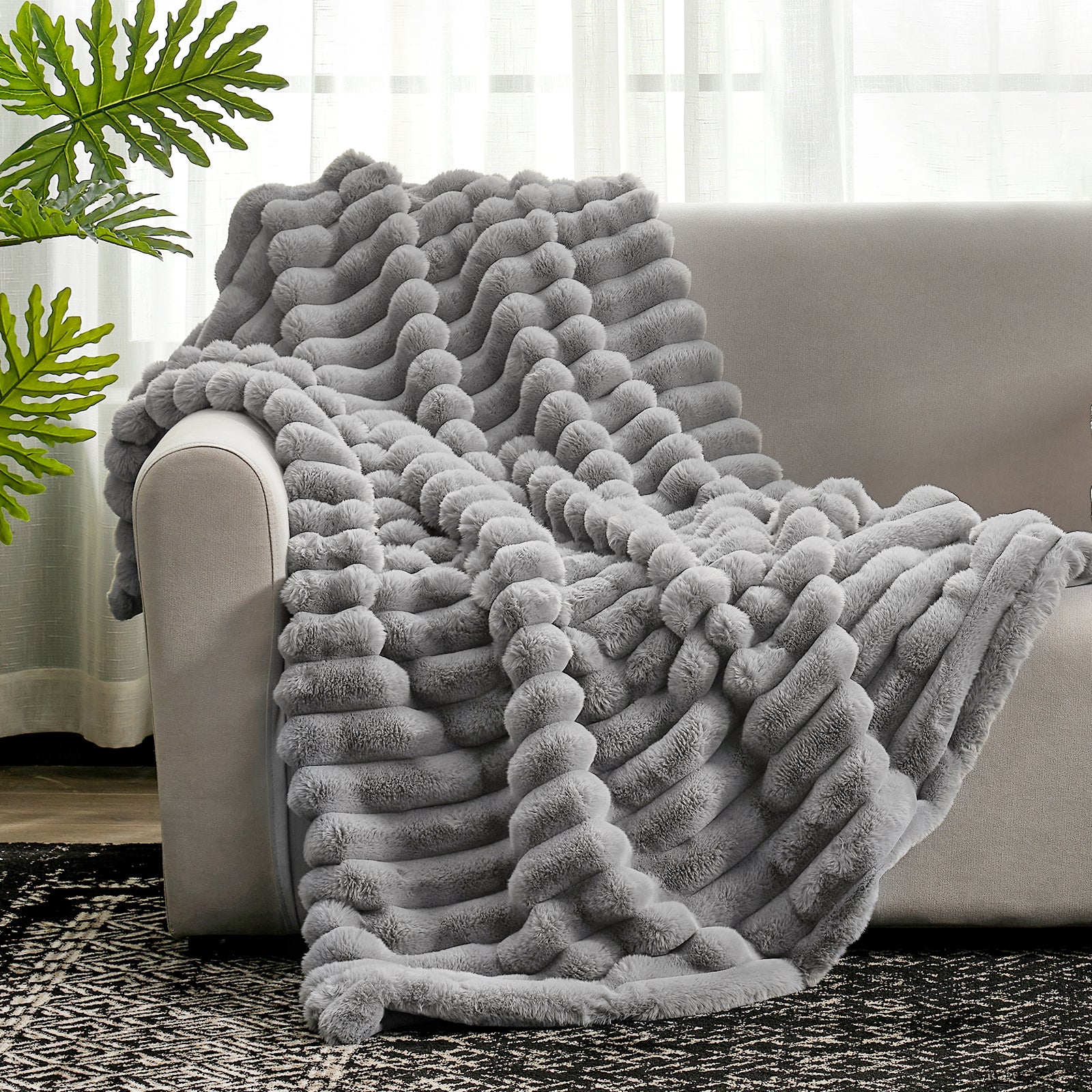 Cozy Bliss Ultra Chunky Striped Faux Fur Throw Blanket in Grey front view. #color_Grey