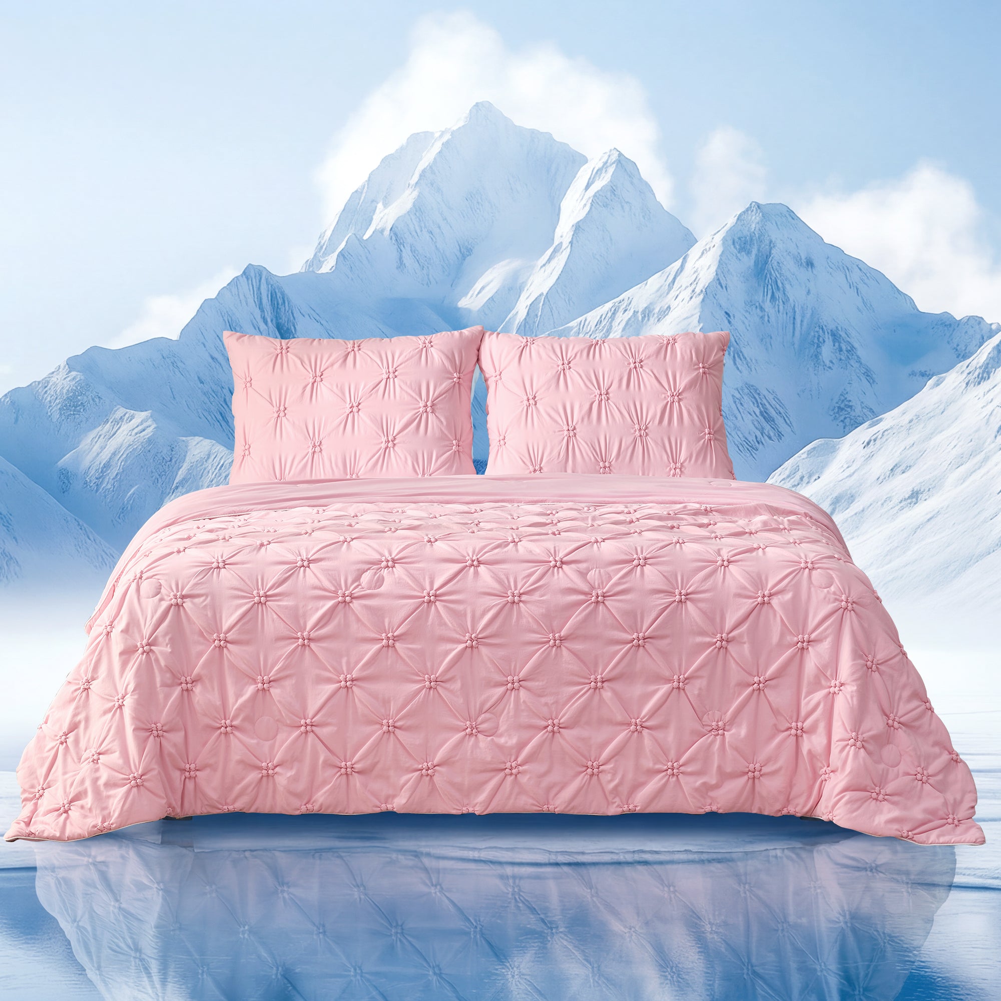 Cozy Bliss Pink Pintuck Cooling Comforter front view. #Color_Pink