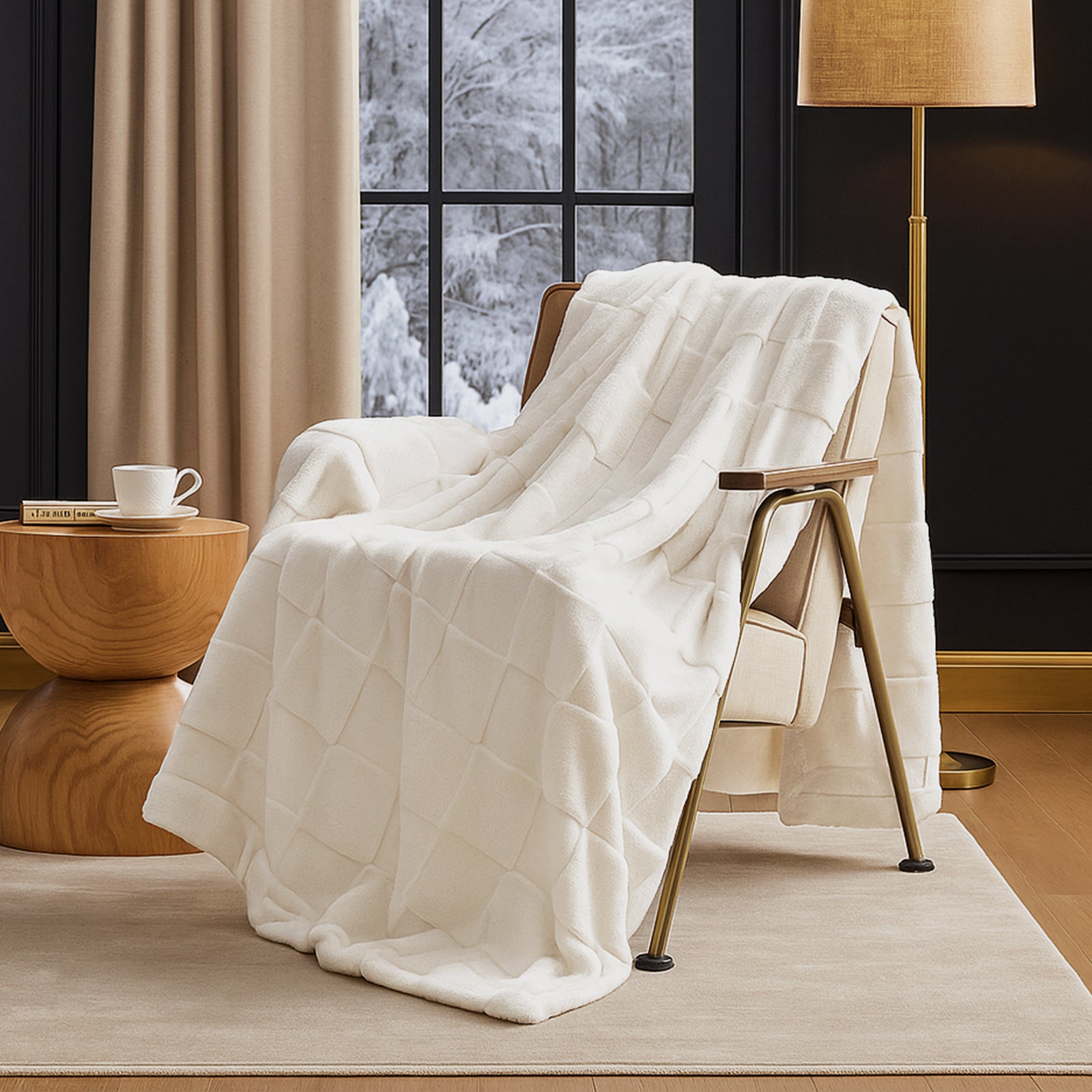 White blanket draped over a chair in a cozy room with a window and lamp. #color_Ivory
