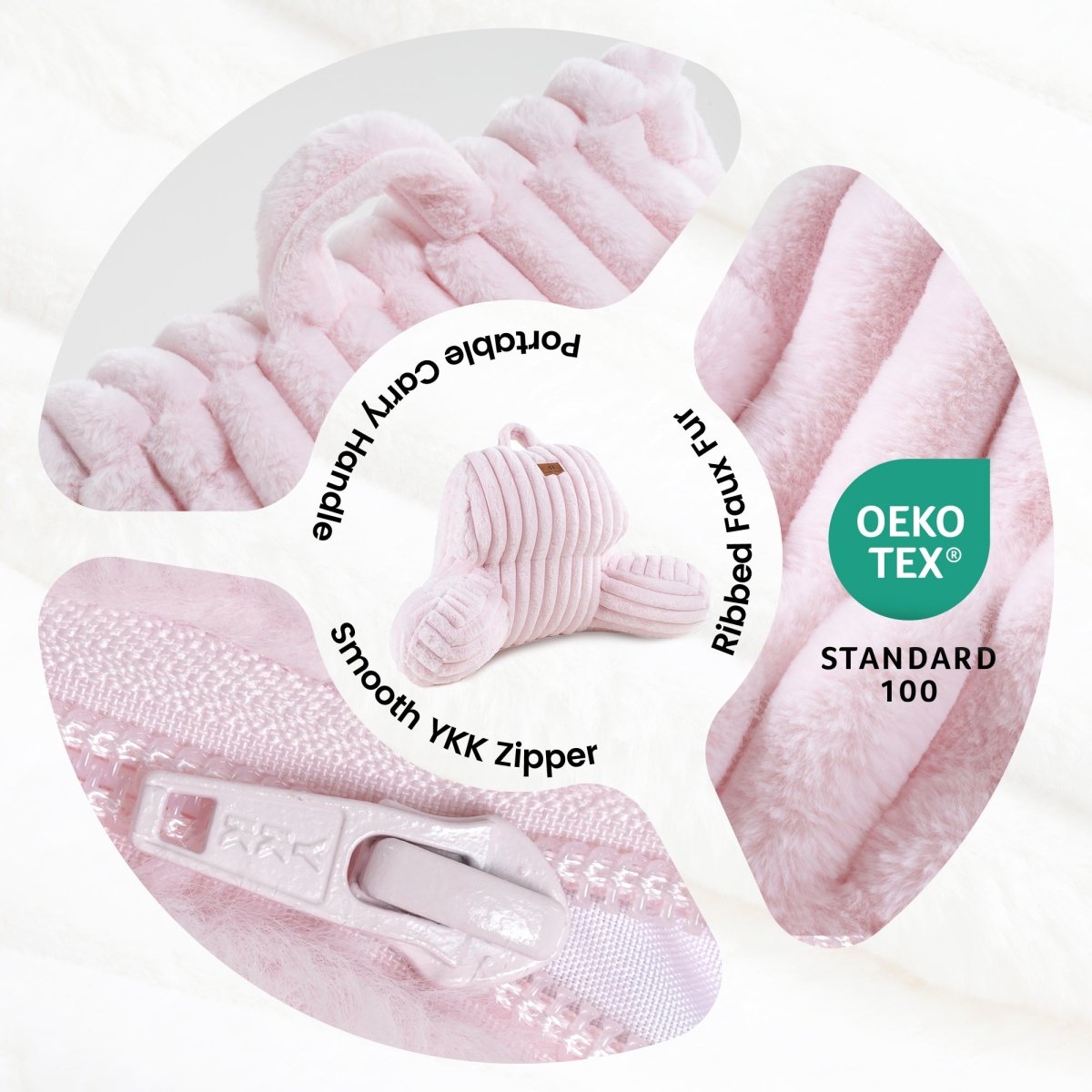 Cozy Bliss striped faux fur backrest reading pillow with portable carry handle and OEKO-TEX certified fabric #color_Light Pink