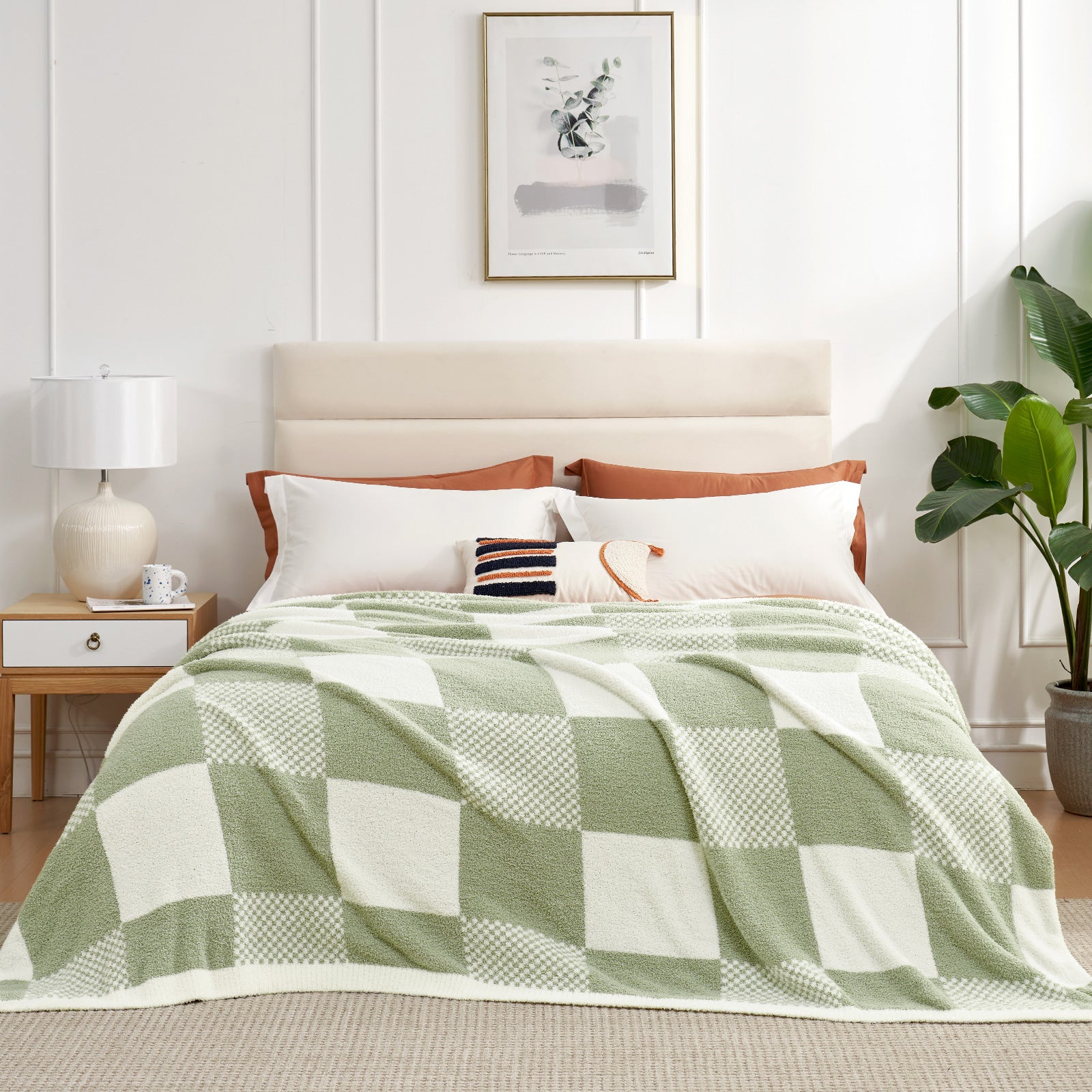 Checkered Feather Yarn Throw Blanket - Romantic Red