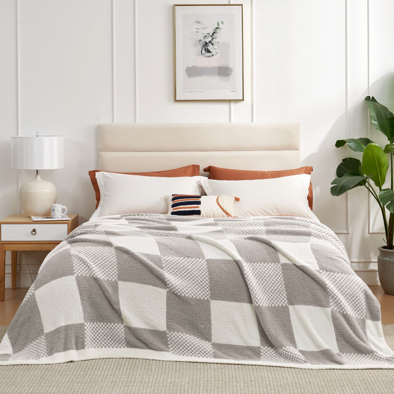 Checkered Feather Yarn Throw Blanket - Romantic Red