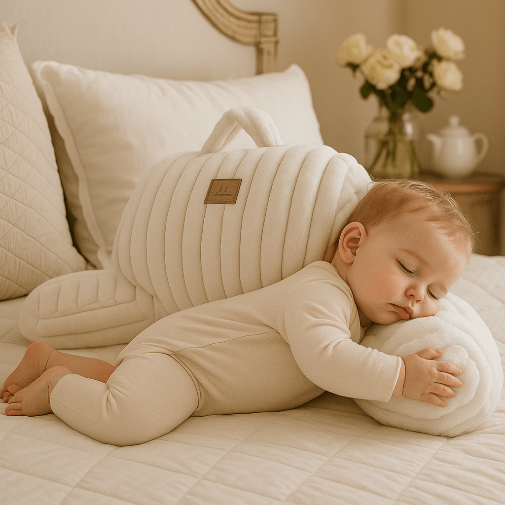 Child sleeping comfortably beside a Cozy Bliss striped faux fur backrest pillow #color_Ivory