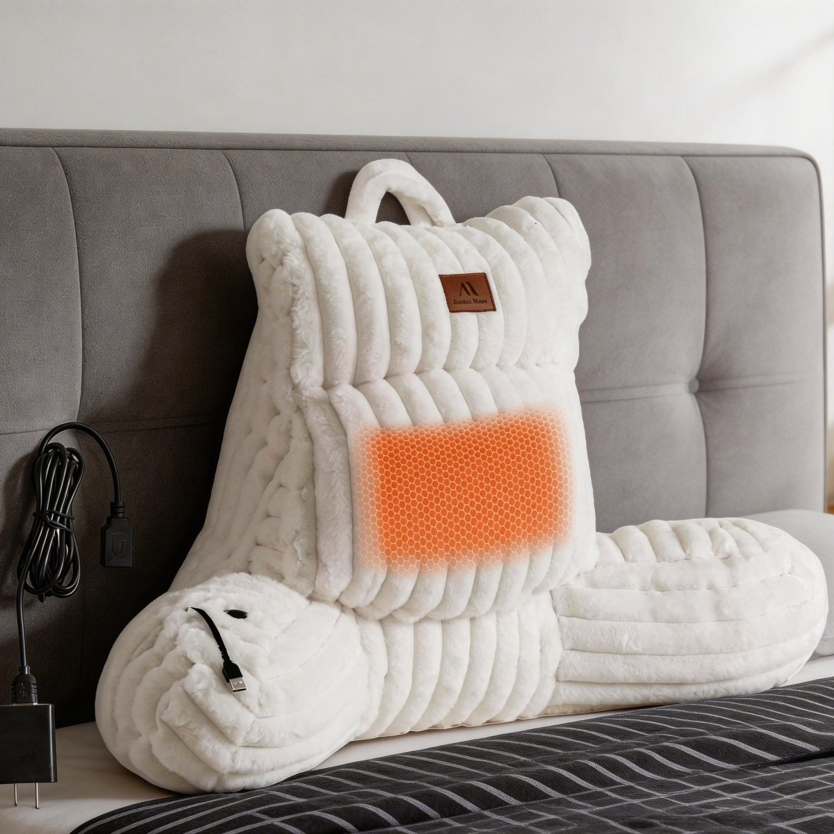 Cozy Bliss Heated Faux Fur Backrest Reading Pillow in Ivory front view #color_Ivory
