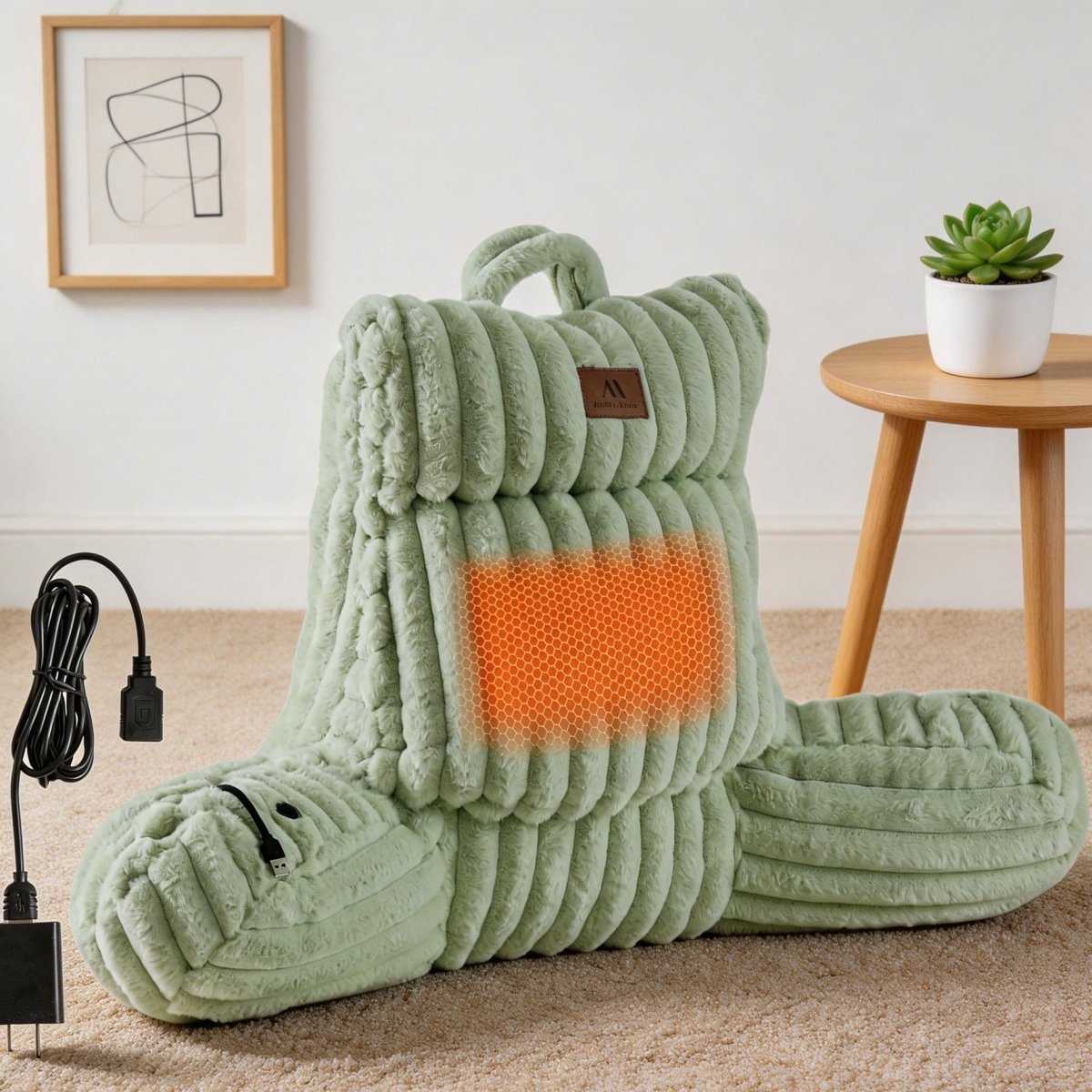 Cozy Bliss Heated Faux Fur Backrest Reading Pillow in sage green front view #color_Sage Green