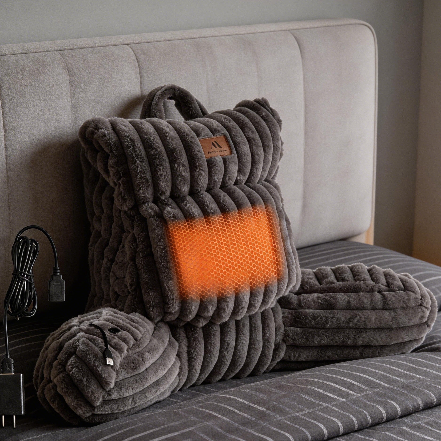 Front view of grey plush backrest pillow.#color_Grey