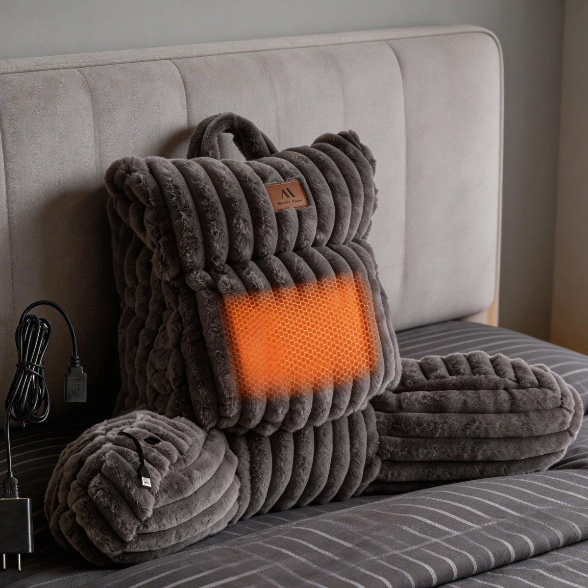 Cozy Bliss Heated Faux Fur Backrest Reading Pillow in grey front view #color_Dark Grey