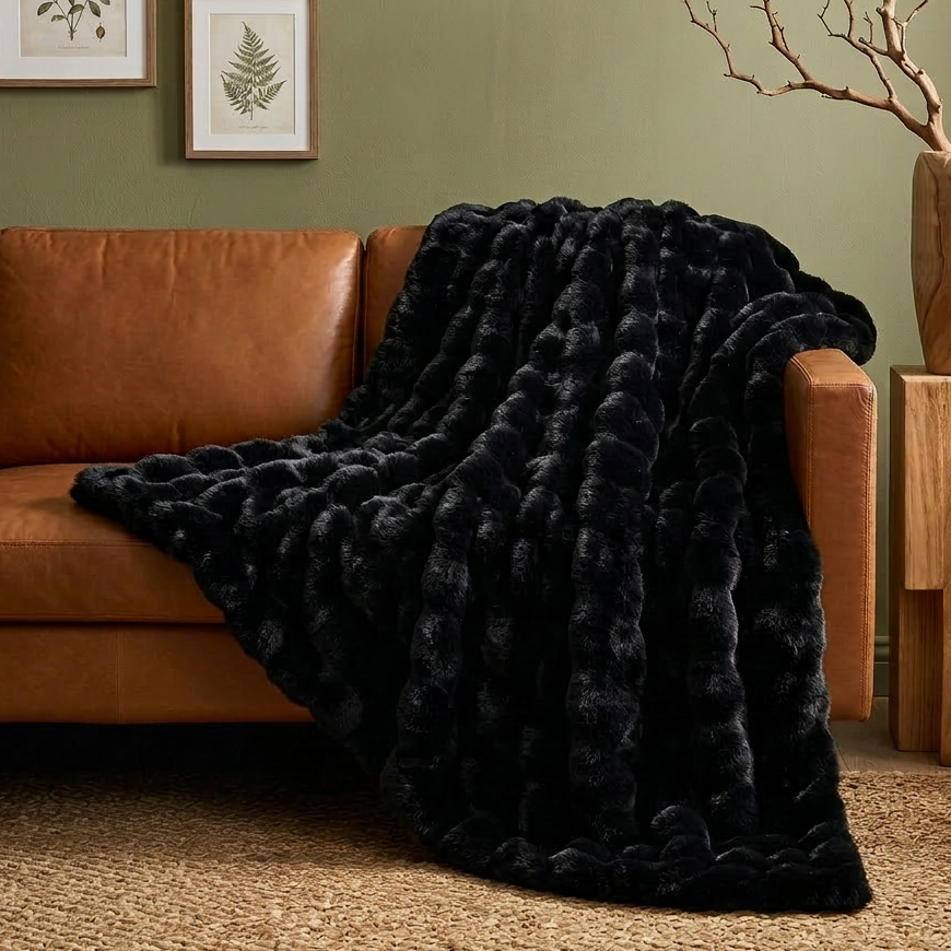 Cozy Bliss Luxurious Bubble Faux Fur Throw Blanket in black front view #Color_Black