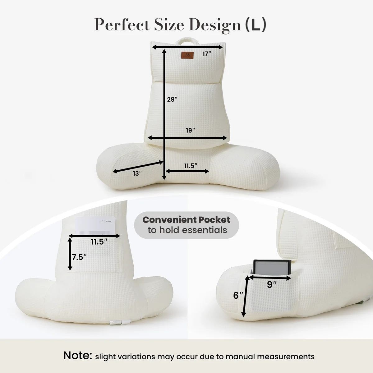 Large Size measurement of Cozy Bliss Ivory backrest reading pillow. #color_Ivory