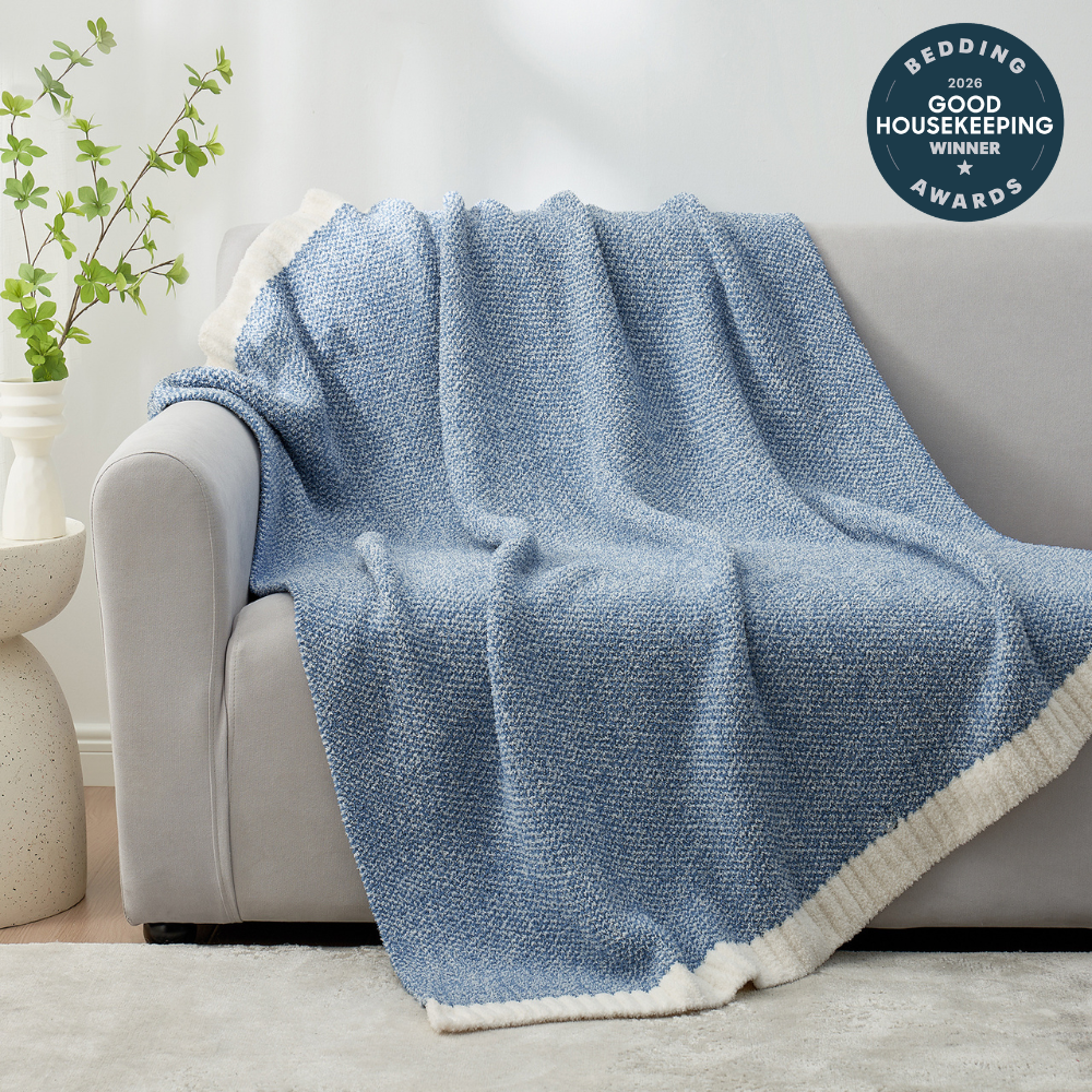 Cozy Bliss heather feather yarn throw blanket front view. #Color_Pale Blue