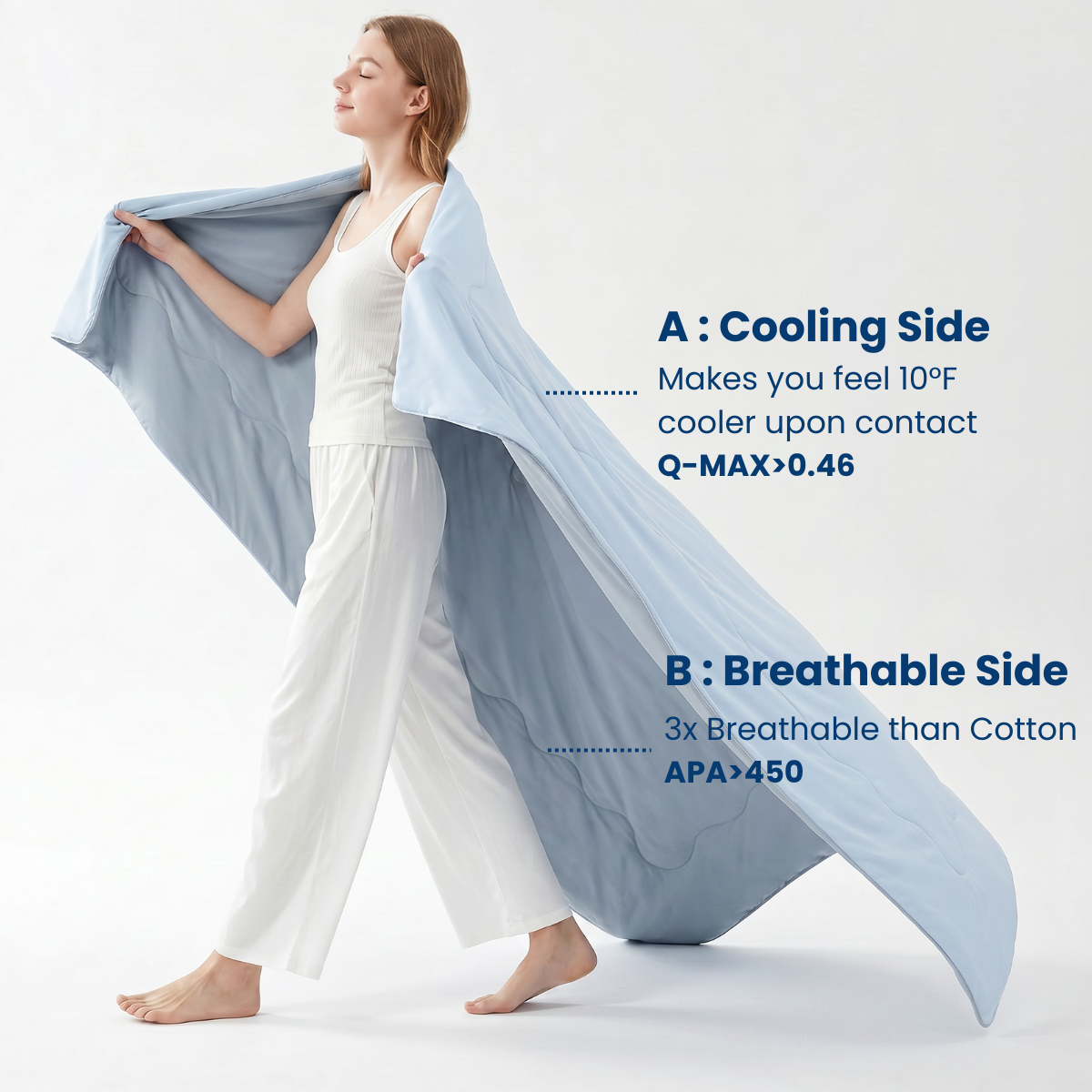Woman holding a cooling comforter with text on a white background#color_Cool Blue