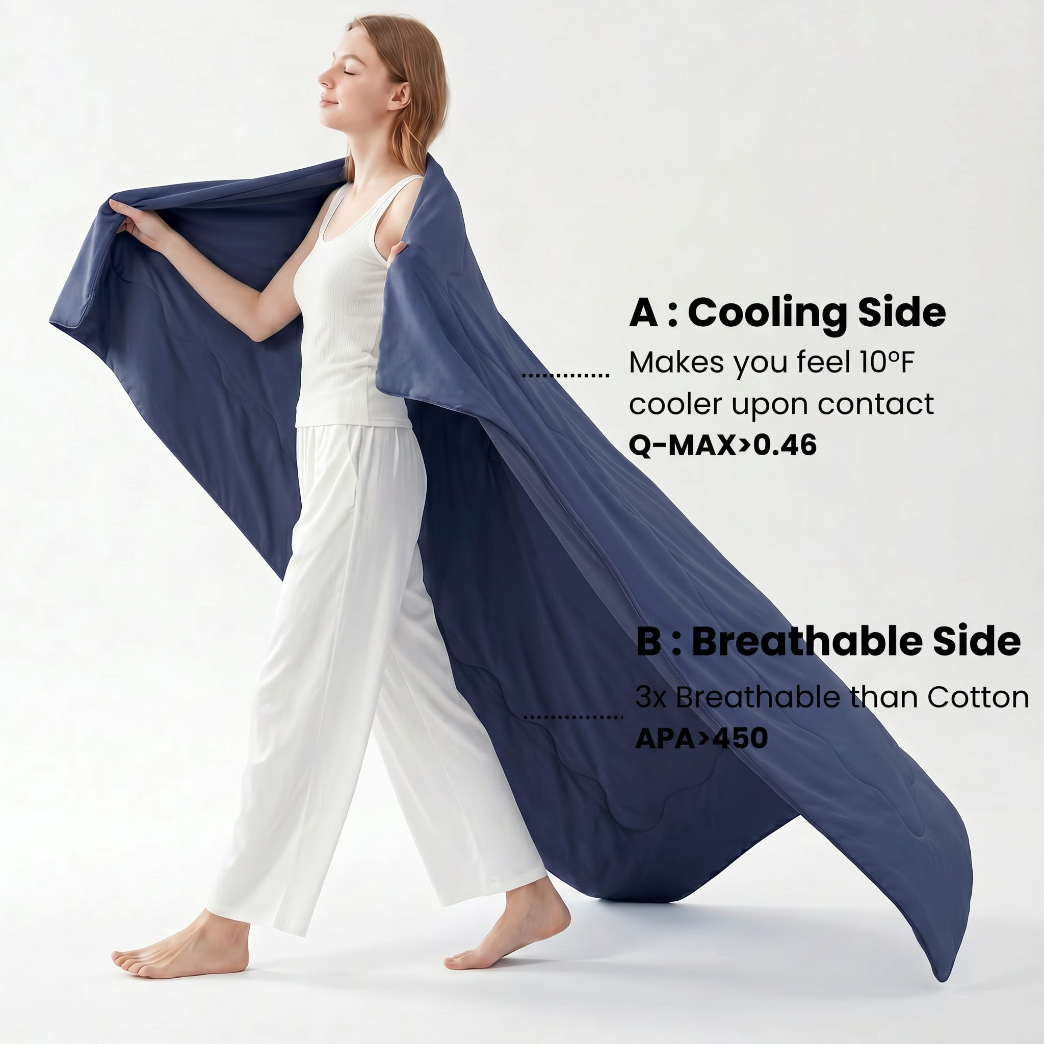 Woman holding a blue cooling comforter with text on a white background#color_Dark Blue