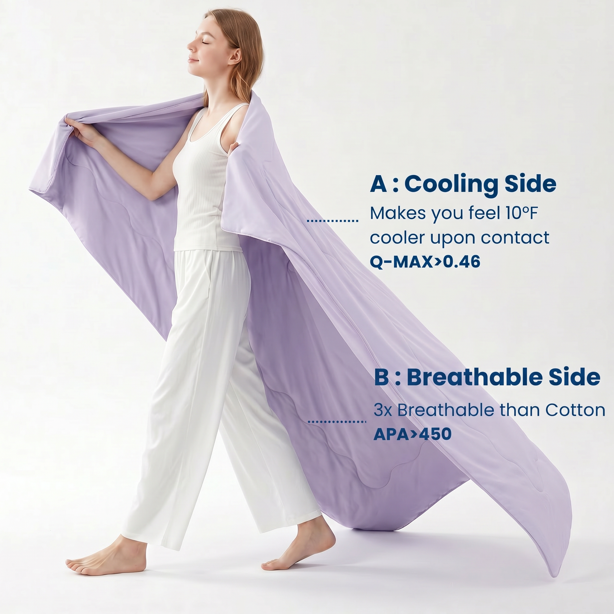 Woman holding a purple cooling comforter  with text on a white background#color_Lavender Purple
