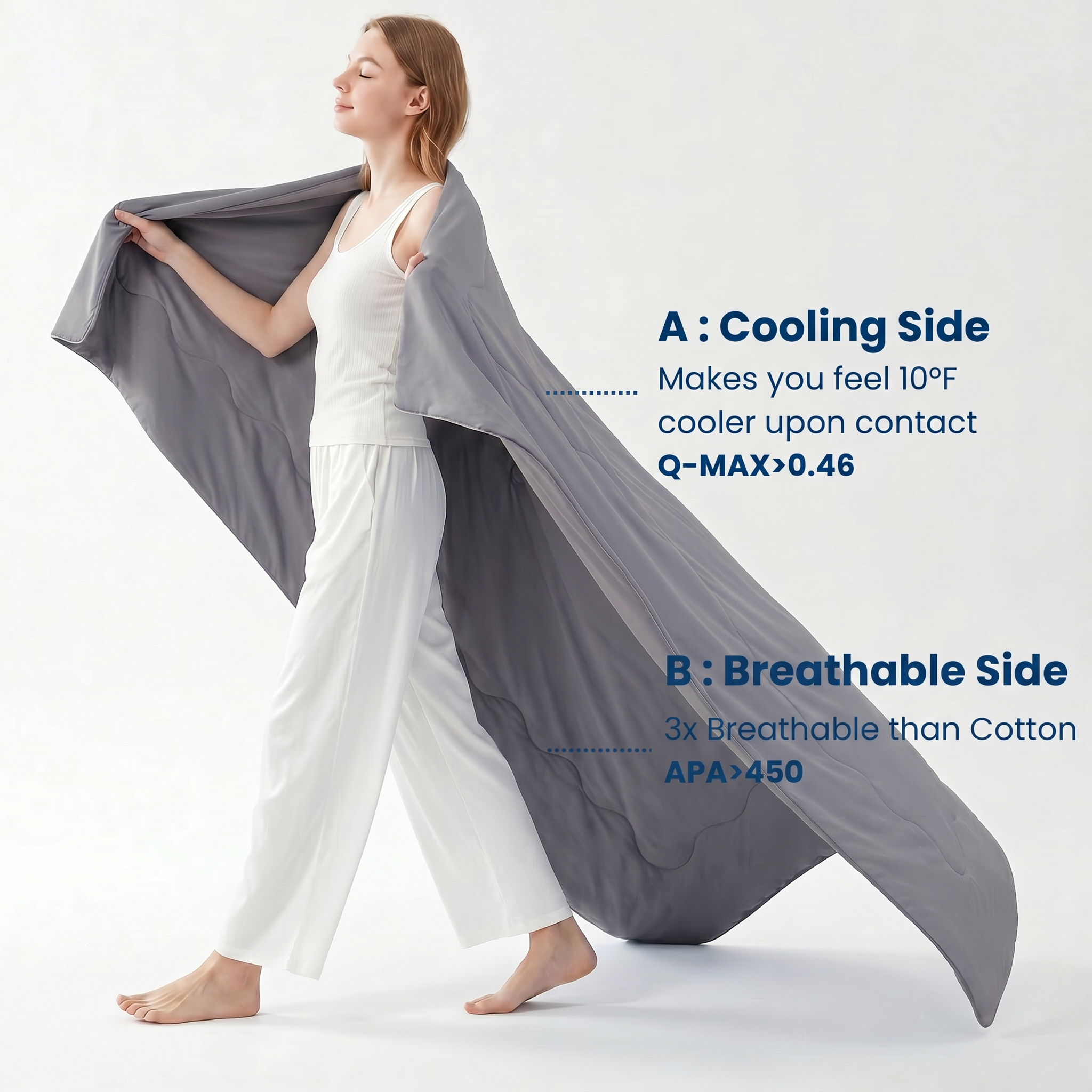 Woman holding a cooling comforter with text on a white background#color_Dark Grey