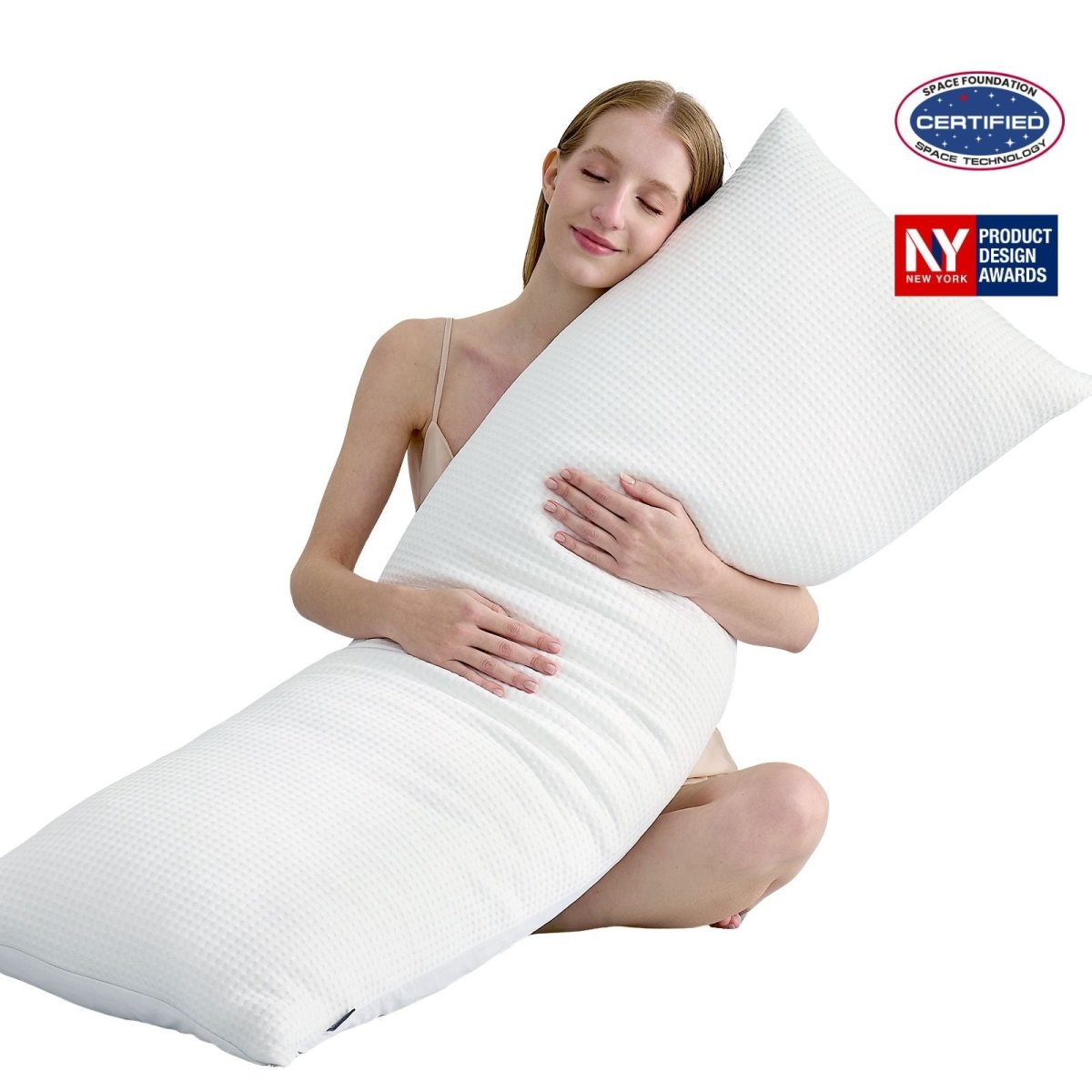 Women hugging body pillow with space station and sleep score certifications. #color_Off White