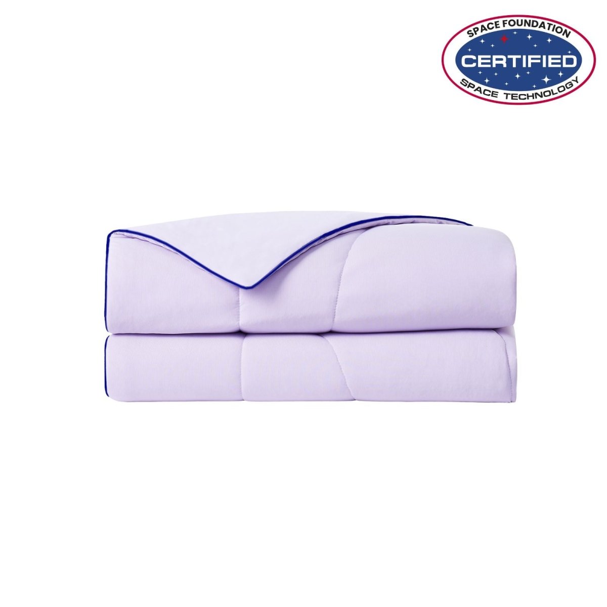 Folded purple cooling comforter with Space Foundation certification logo on a white background#color_Purple