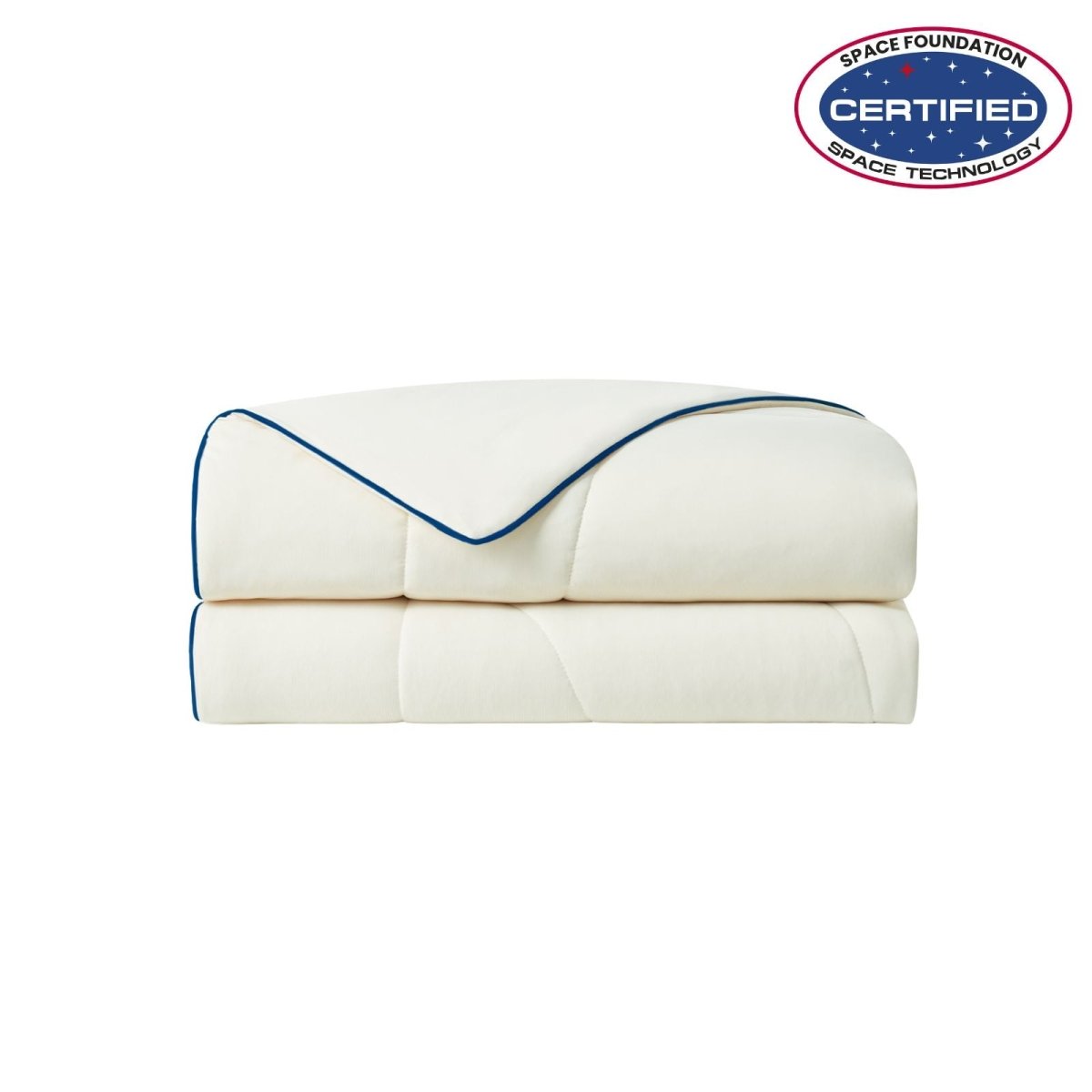 Folded white cooling comforter with Space Foundation certification logo on a white background#color_Ivory
