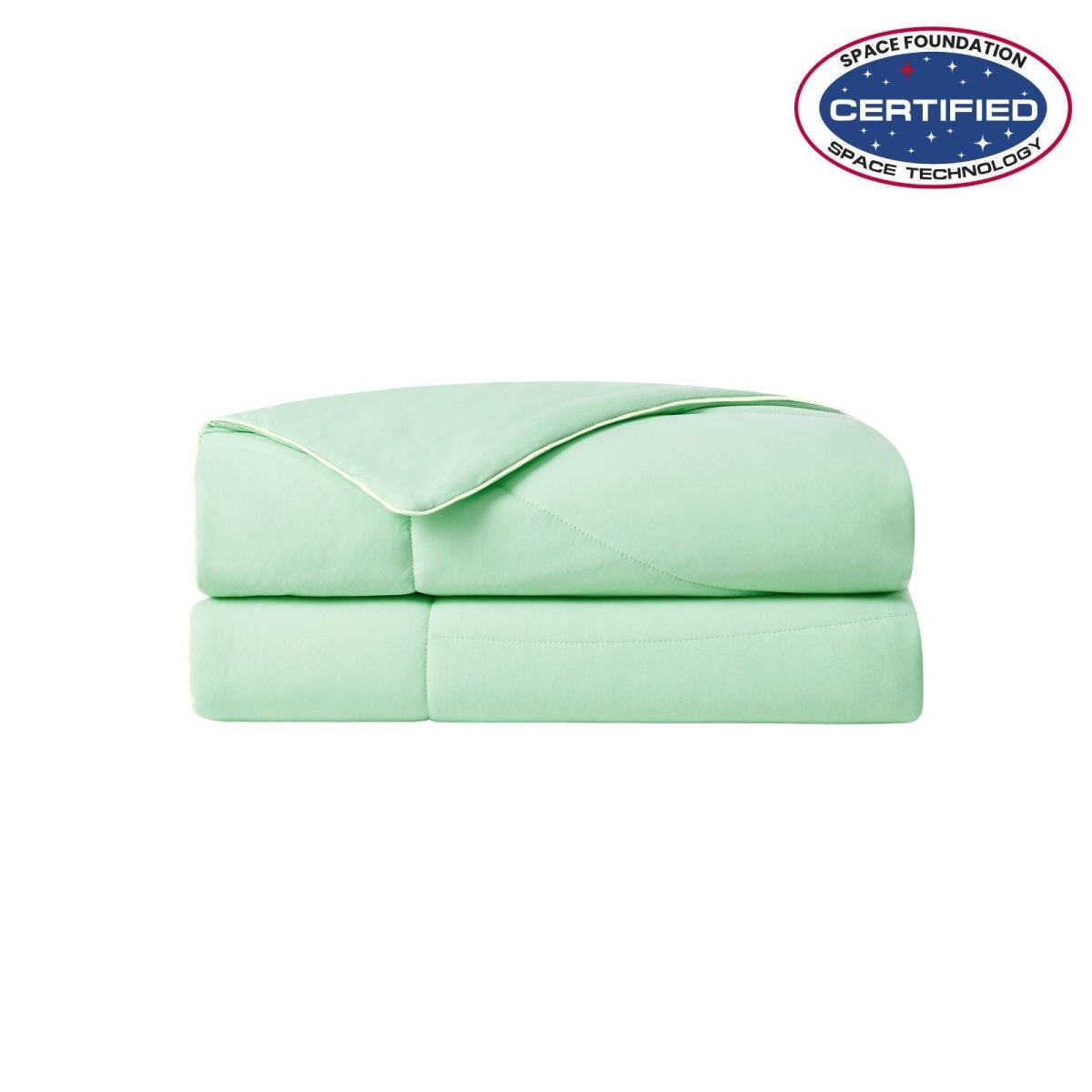 Folded mint macaron cooling comforter with Space Foundation certification logo on a white background#color_Mint Macaron