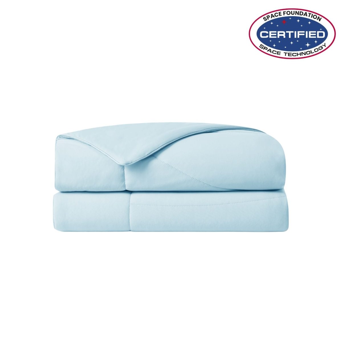 Folded blue cooling comforter with Space Foundation and Sleep Score certification logo on a white background#color_Sky Blue