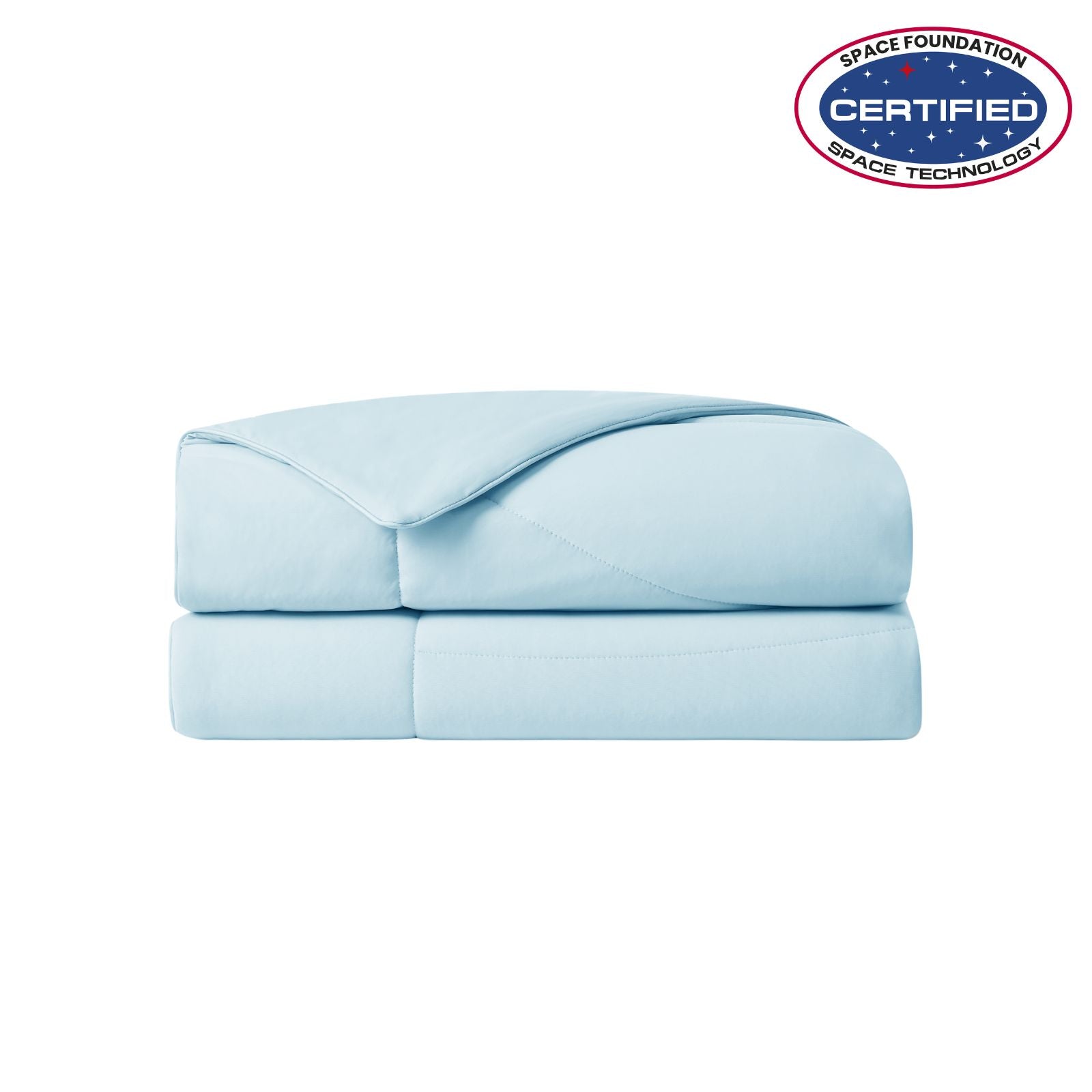 Folded blue cooling comforter with Space Foundation and Sleep Score certification logo on a white background#color_Sky Blue
