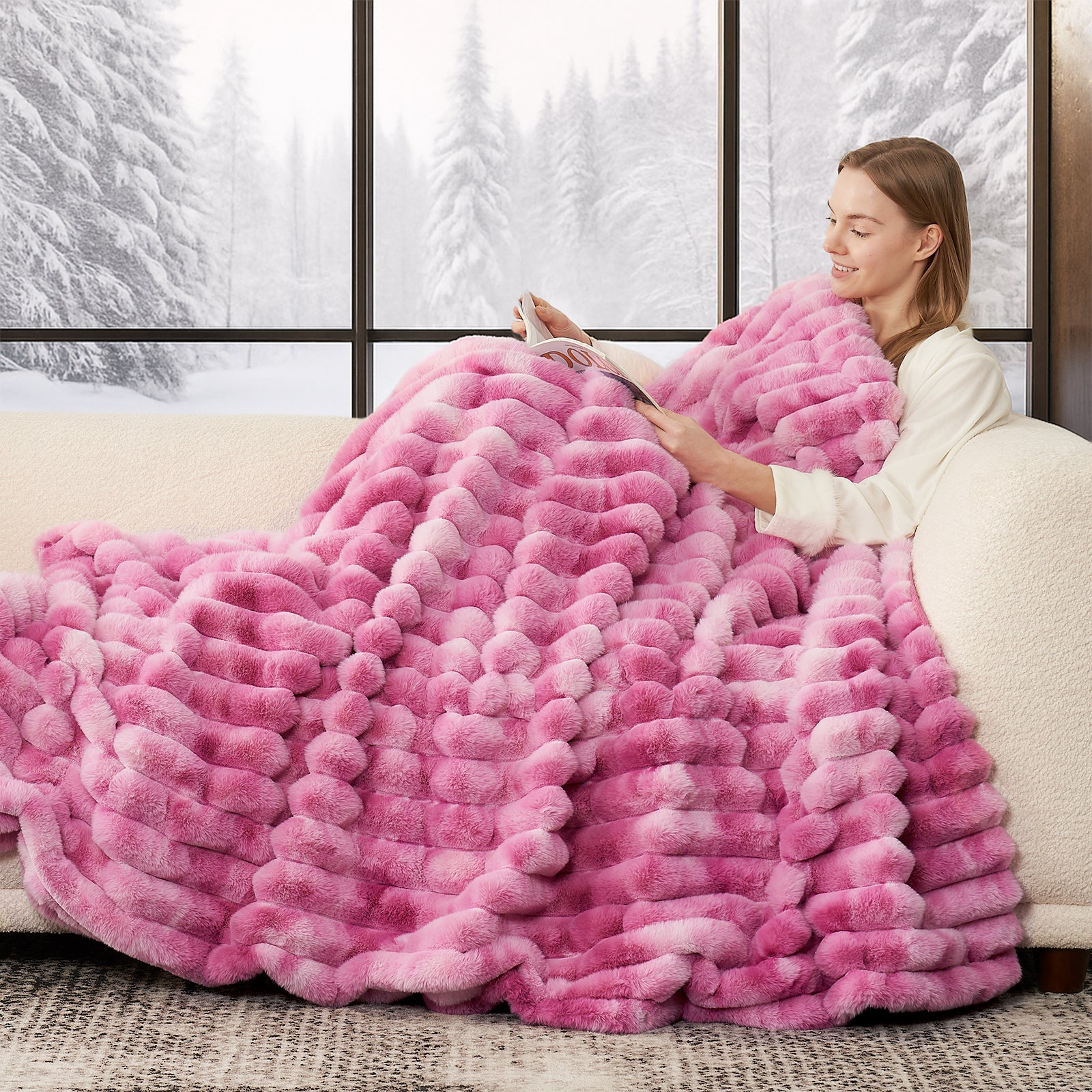 Ultra Chunky Striped Faux Fur Throw Blanket - Light Blue