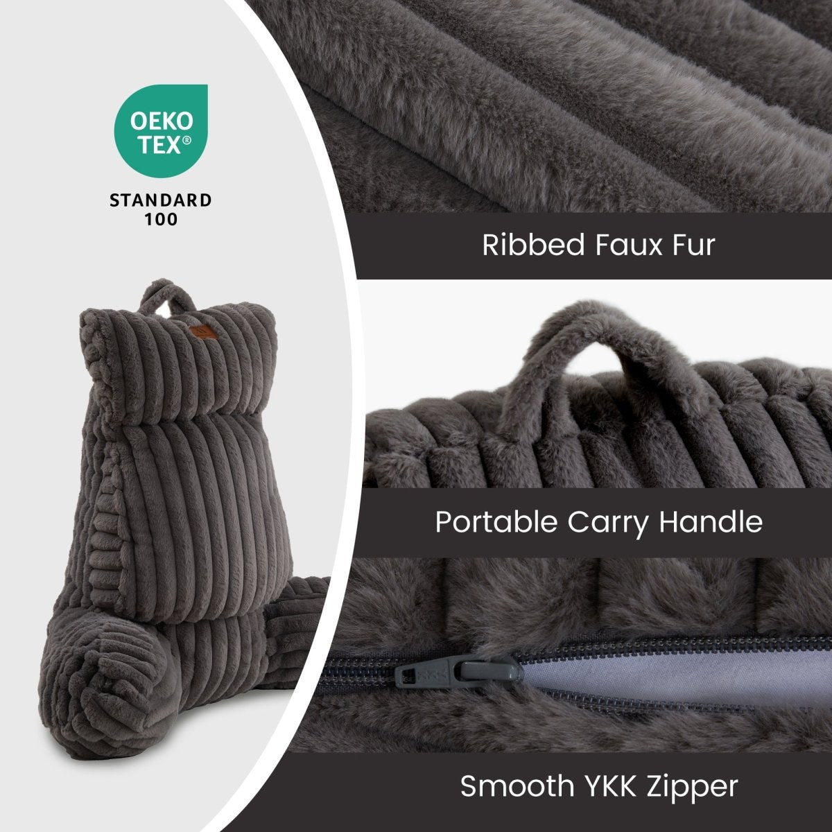 Cozy Bliss striped faux fur backrest reading pillow with portable carry handle and OEKO-TEX certified fabric #color_Charcoal Grey