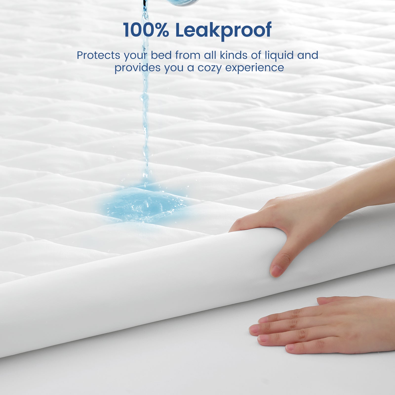 Mattress protector with water being poured onto it, showing its leakproof feature. #color_white