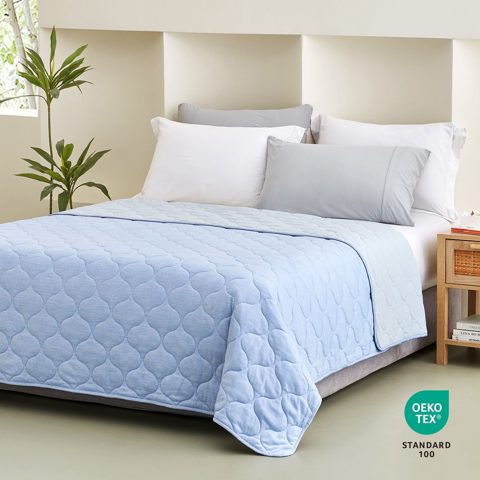 Cooling blanket on bed, OEKO-TEX certified, cloud pattern design #color_Cool Blue
