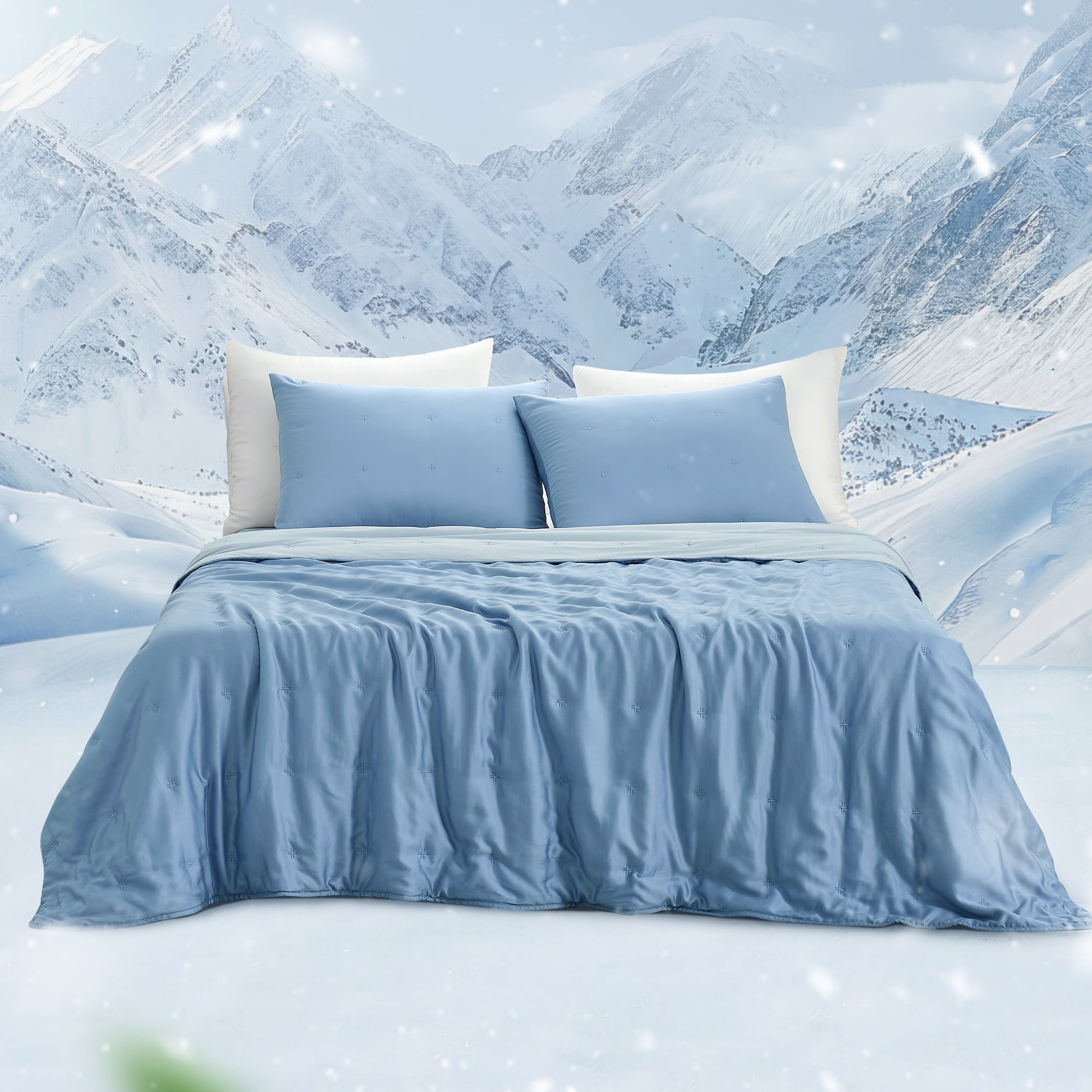 Blue Tencel™ Lyocell cooling comforter full bed view.#Color_Blue