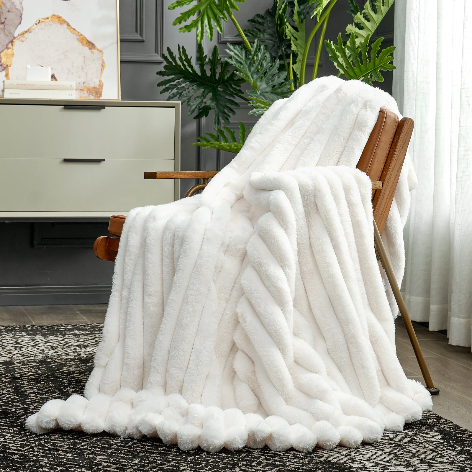 White faux fur throw blanket on wooden chair, cozy home decor  #color_Cream White